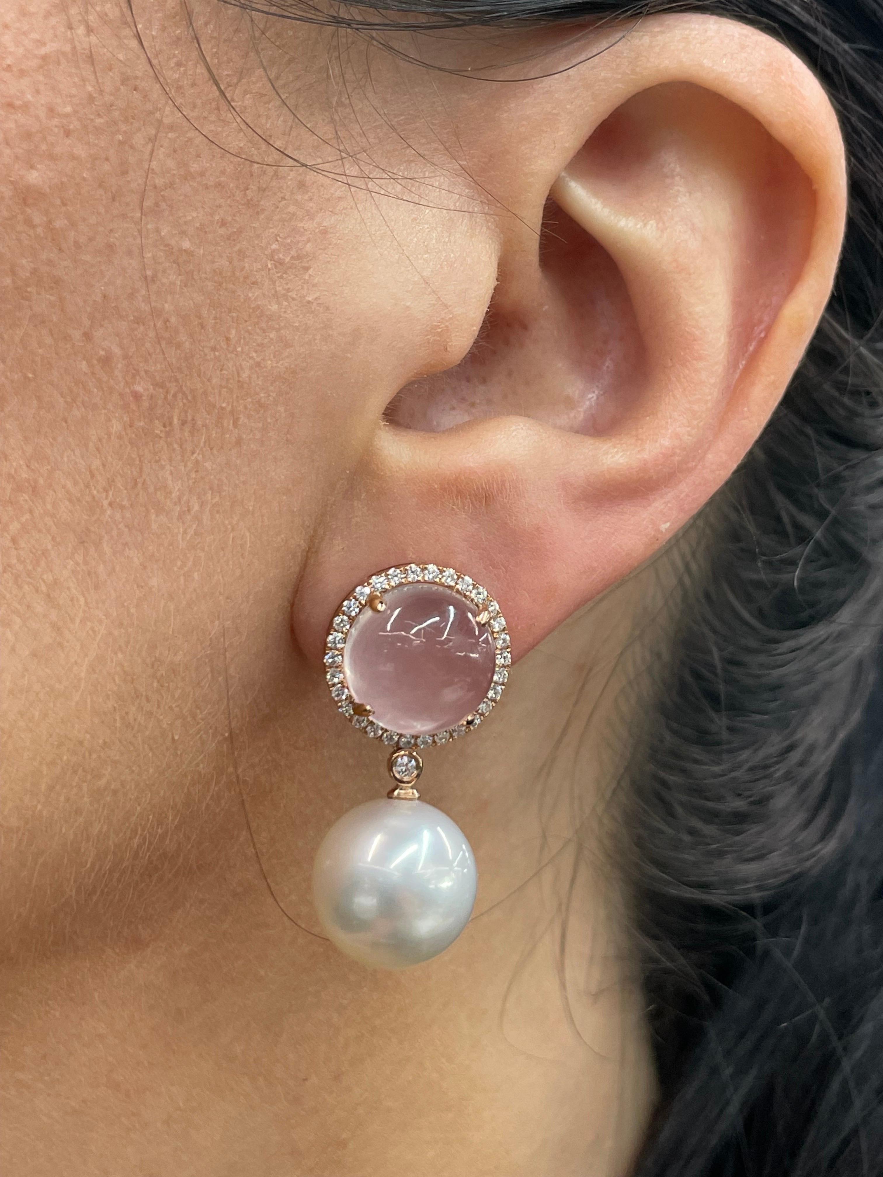 Contemporary Rose Quartz Diamond South Sea Pearl Drop Earrings 12.20 Carats 18K Rose For Sale