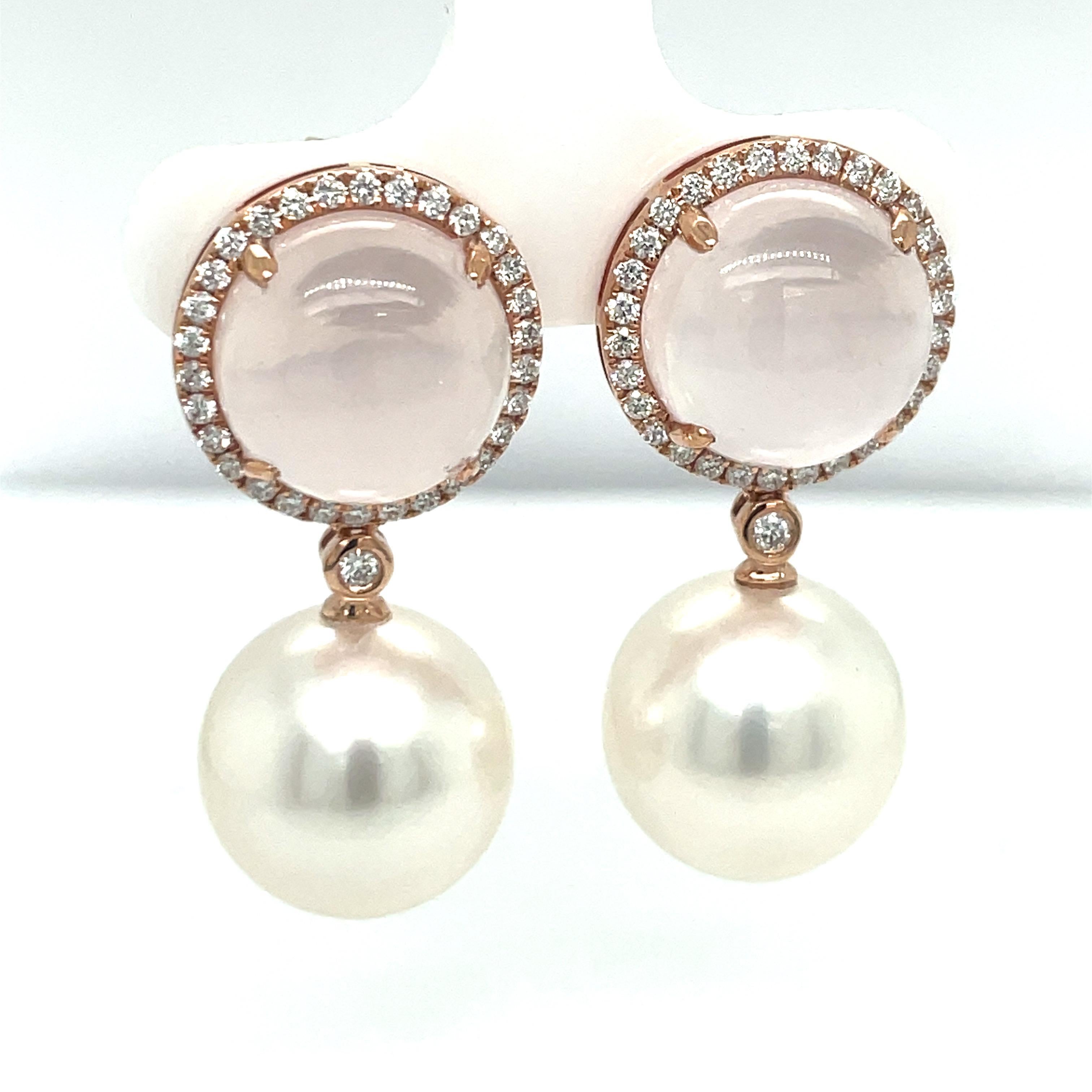 Round Cut Rose Quartz Diamond South Sea Pearl Drop Earrings 12.20 Carats 18K Rose For Sale