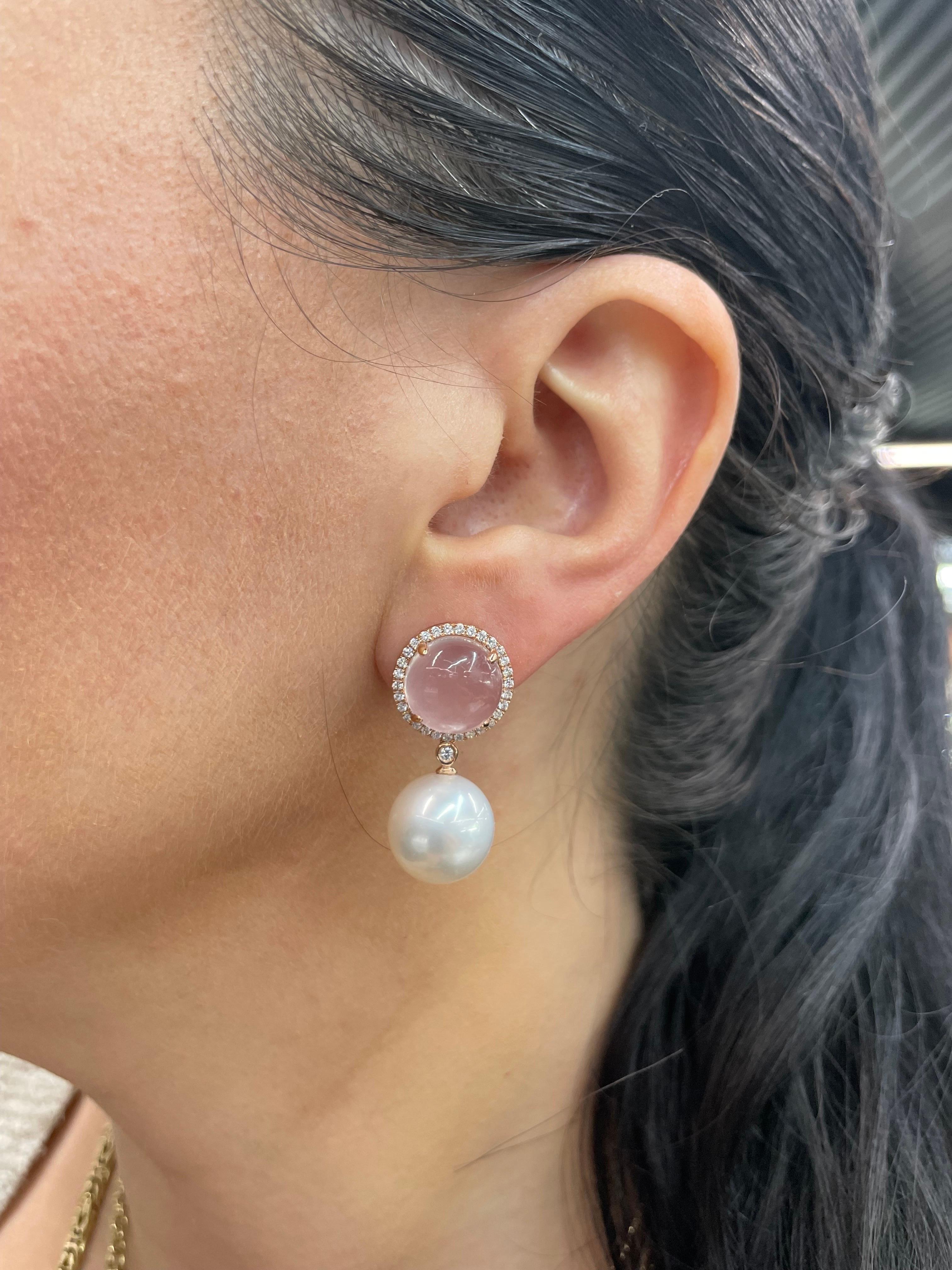 Rose Quartz Diamond South Sea Pearl Drop Earrings 12.20 Carats 18K Rose In New Condition For Sale In New York, NY