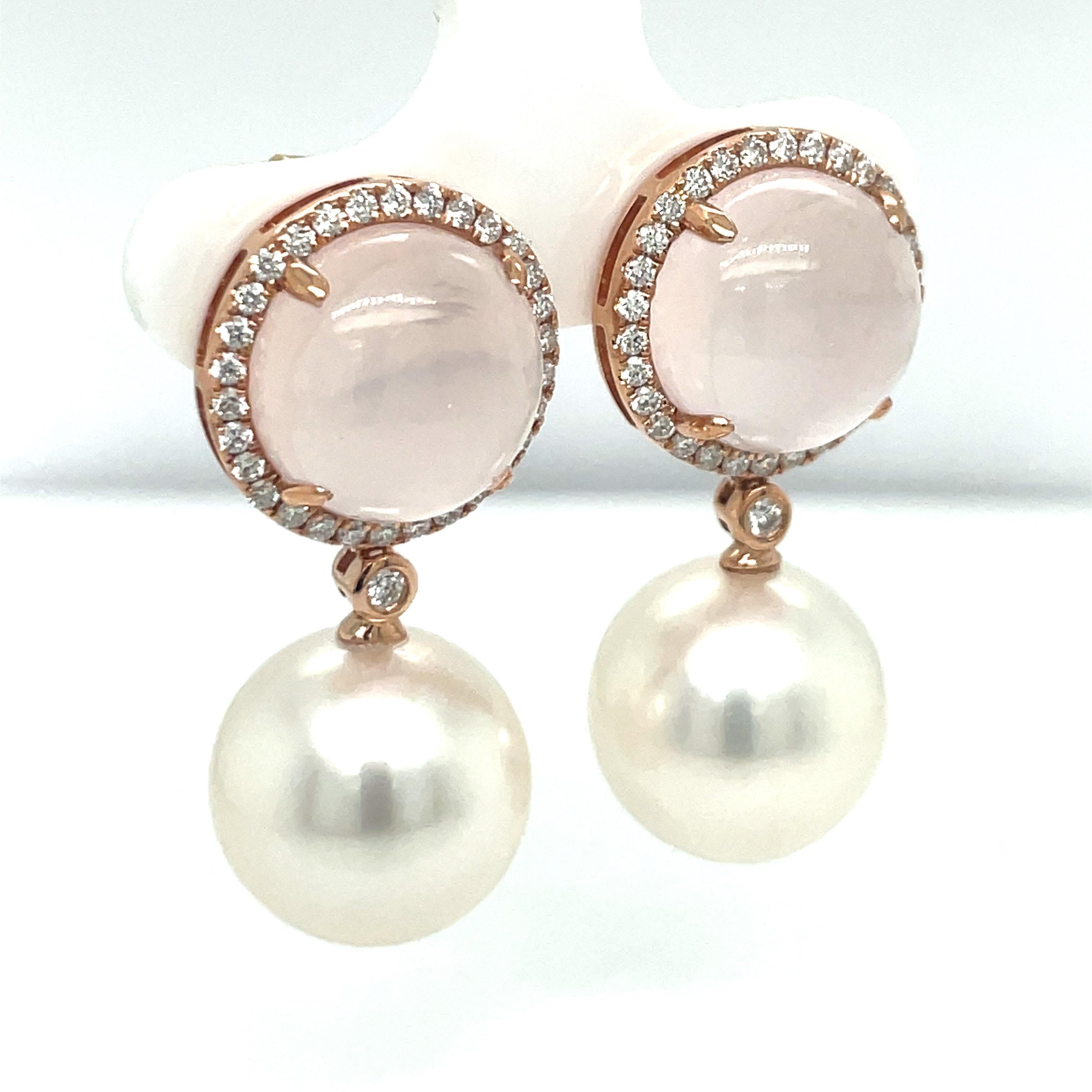 Women's or Men's Rose Quartz Diamond South Sea Pearl Drop Earrings 12.20 Carats 18K Rose For Sale