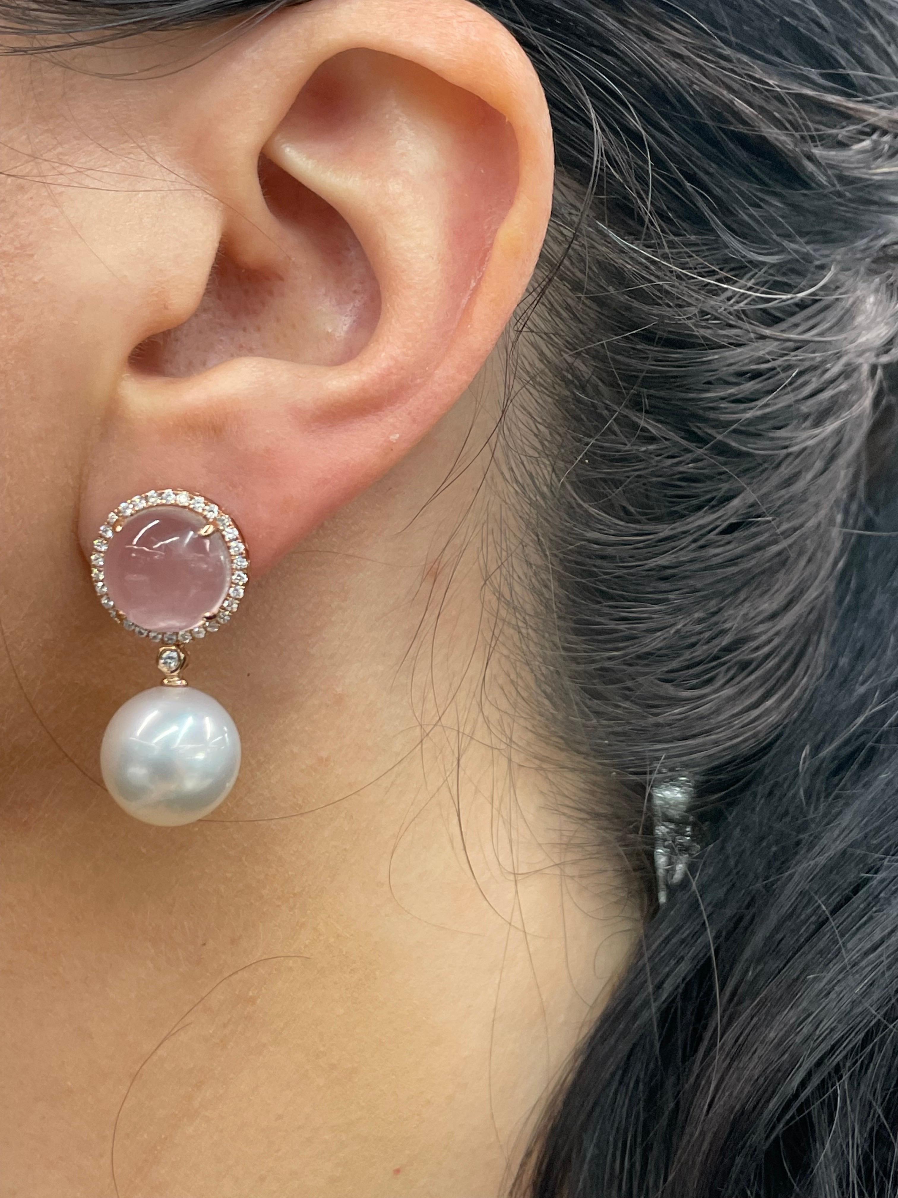 Rose Quartz Diamond South Sea Pearl Drop Earrings 12.20 Carats 18K Rose For Sale 1
