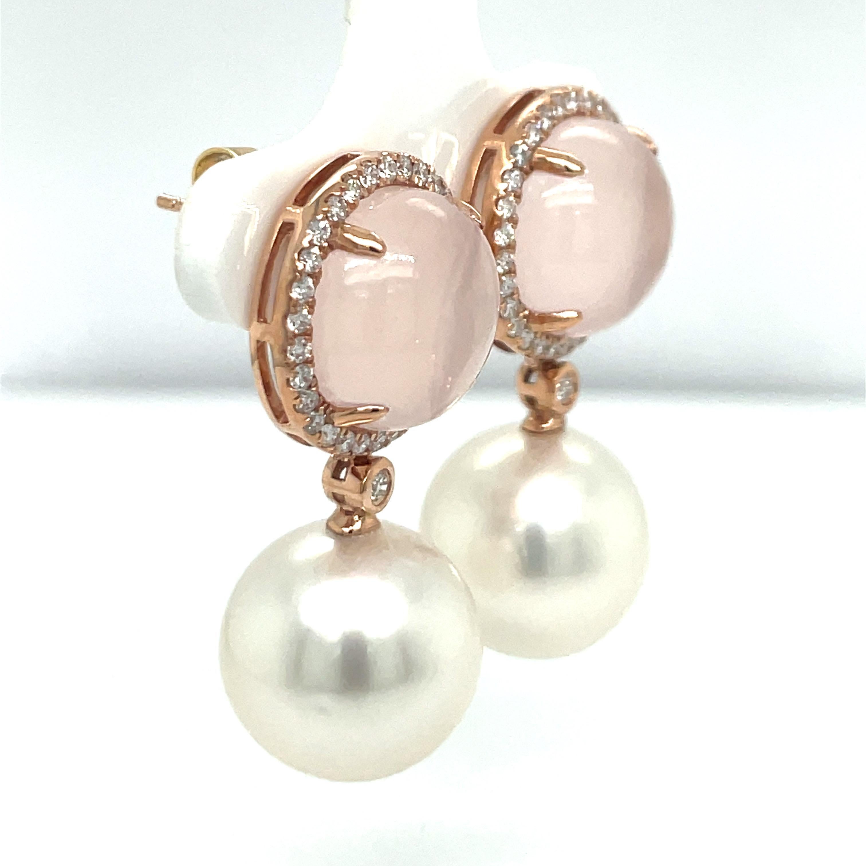 Rose Quartz Diamond South Sea Pearl Drop Earrings 12.20 Carats 18K Rose For Sale 2