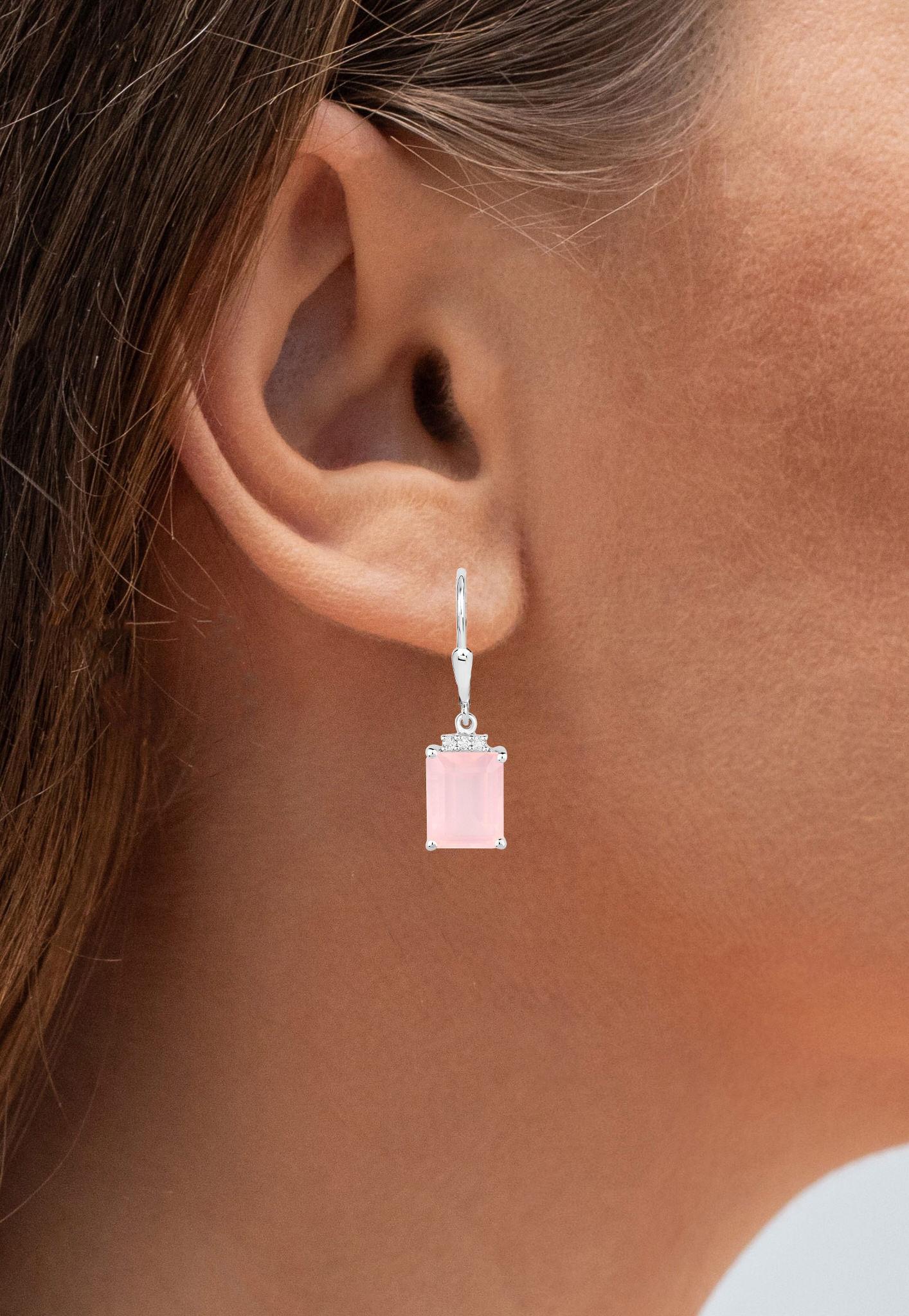 Taglio smeraldo Orecchini di quarzo rosa Topazio bianco 6,18 carati A. Silver in vendita