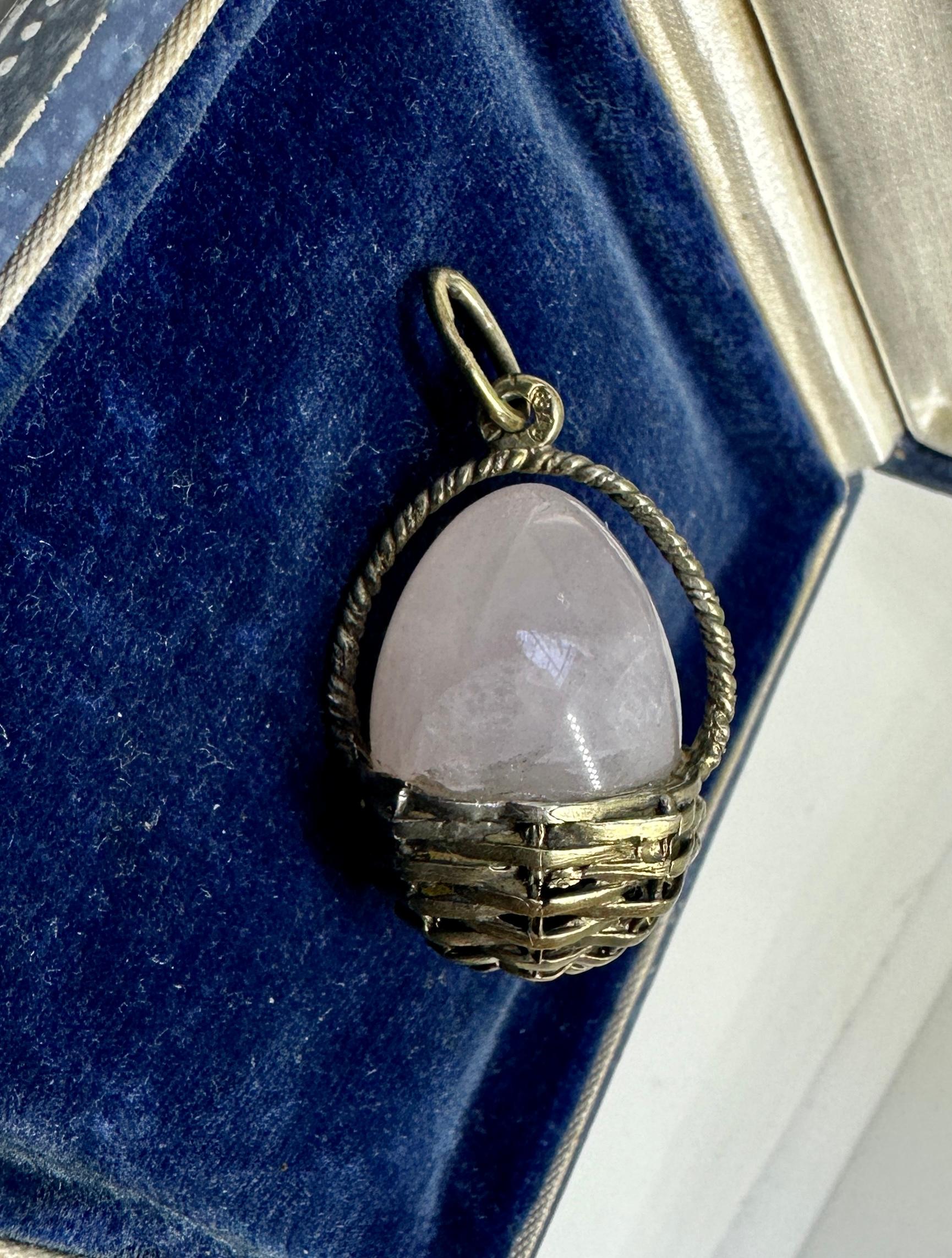 Rose Quartz Egg Basket Pendant Necklace Charm Silver Hjalmar Armfelt Russian For Sale 7