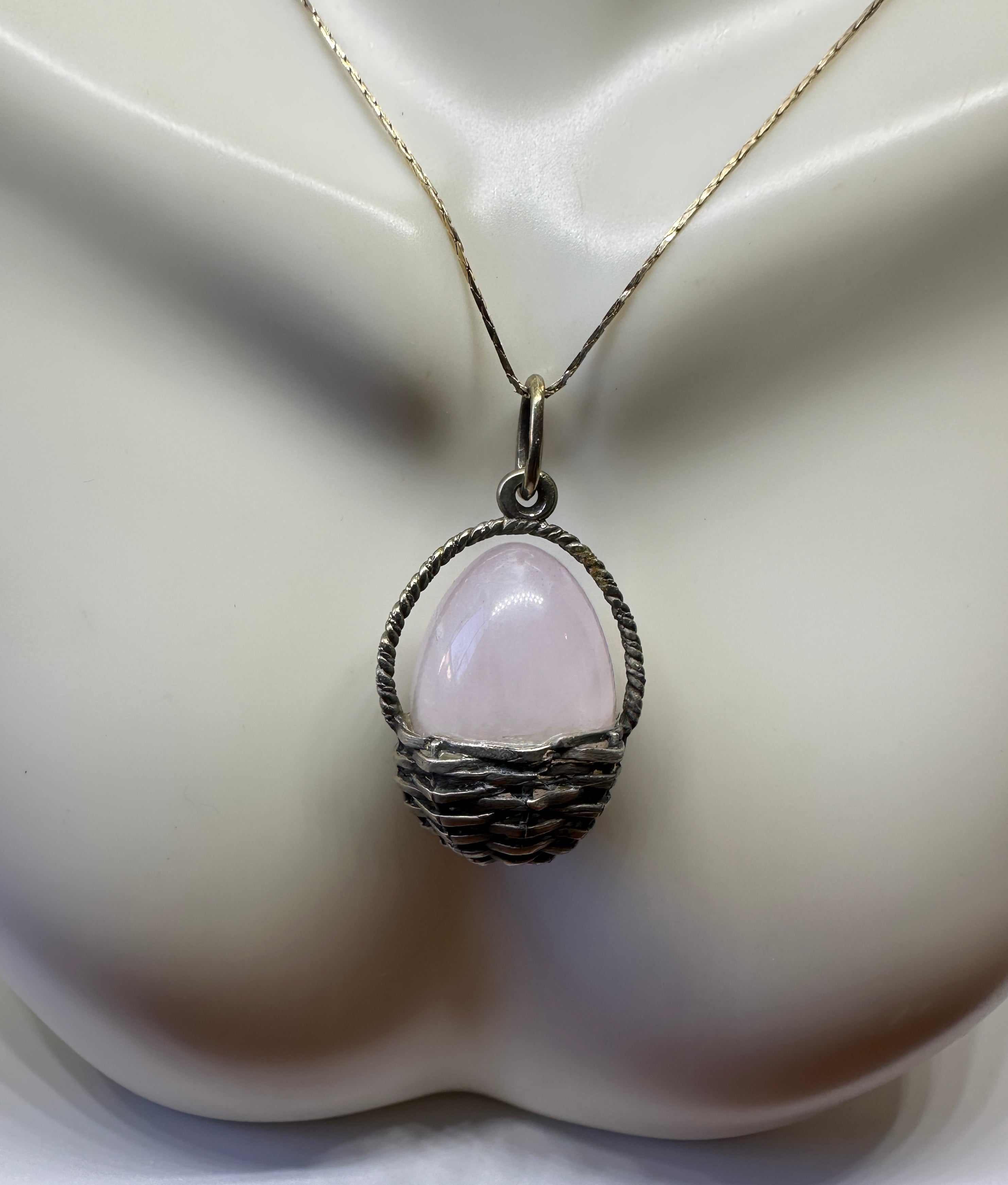 Art Nouveau Rose Quartz Egg Basket Pendant Necklace Charm Silver Hjalmar Armfelt Russian For Sale