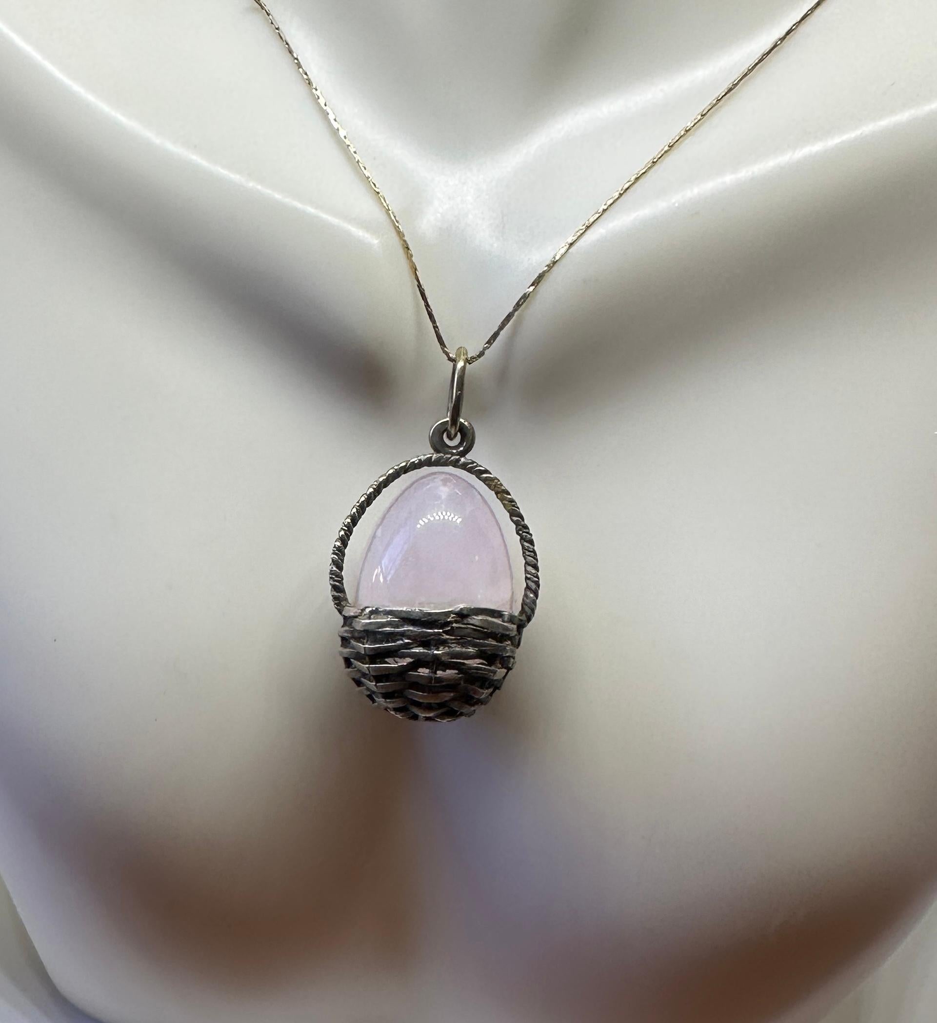 Rose Quartz Egg Basket Pendant Necklace Charm Silver Hjalmar Armfelt Russian For Sale 1
