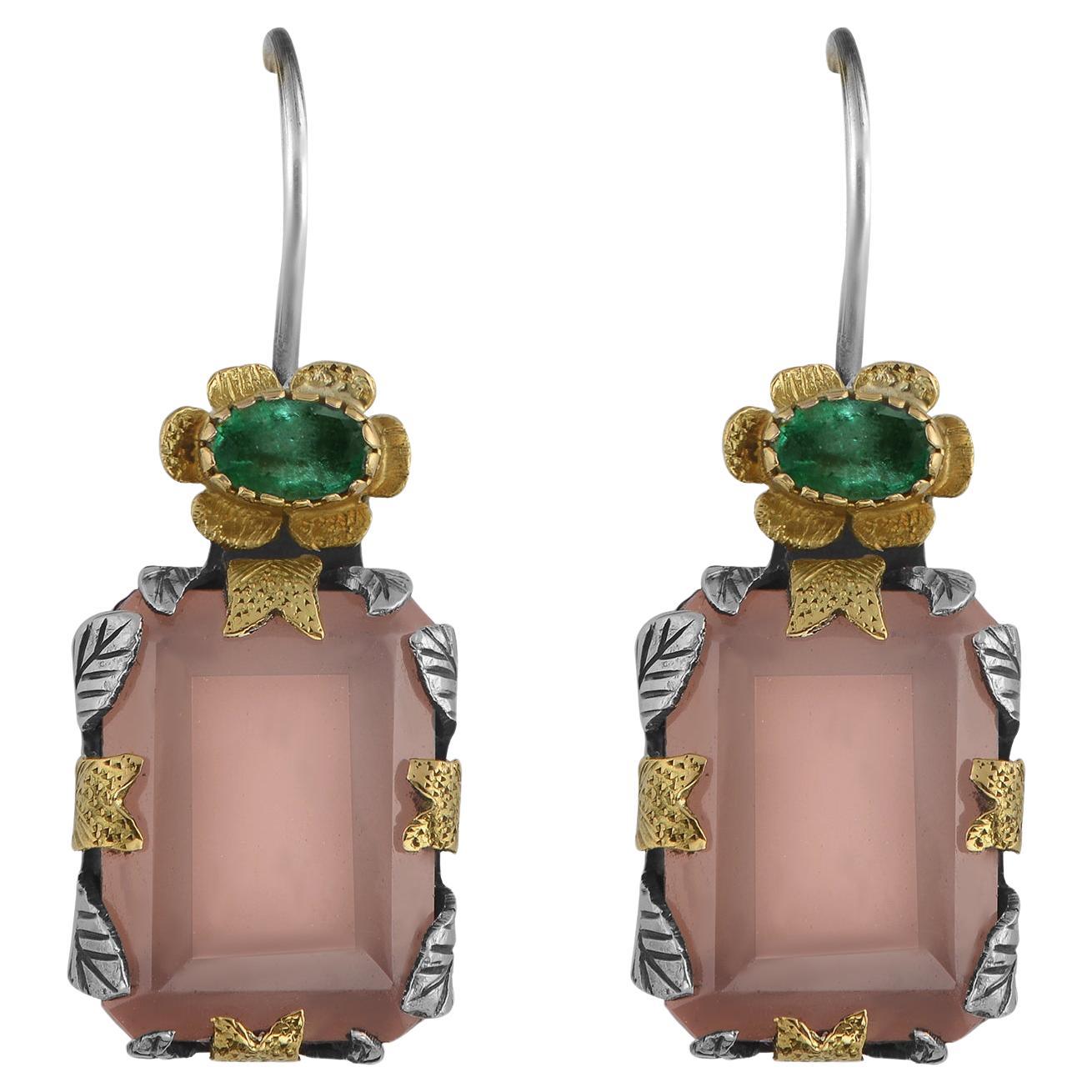 Rose Quartz Emerald 18k Dangle Earrings For Sale