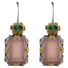 Rose Quartz Emerald 18k Dangle Earrings