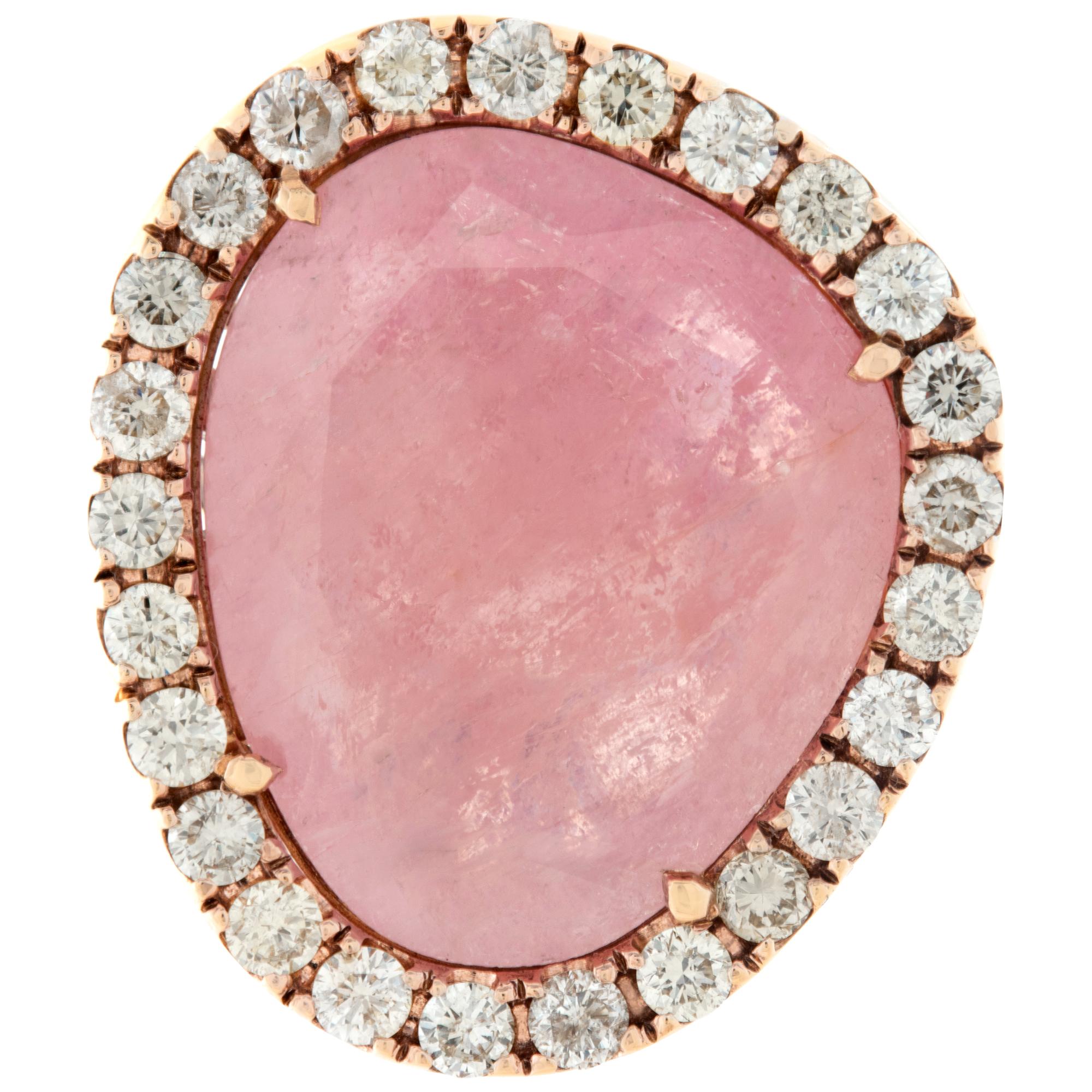 Assymetric contemporary faceted rose quartz ring surrounded with over 1 carat round brilliant cut diamonds set in 18K rose and white gold shank. Size 5.25. Width at head: 25mm, width at shank: 2.2mm.This Diamond ring is currently size 5.25 and some
