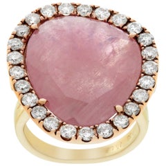 Vintage Rose quartz faceted ring w/ 1.00ct in surrounding diamonds in white & rose gold