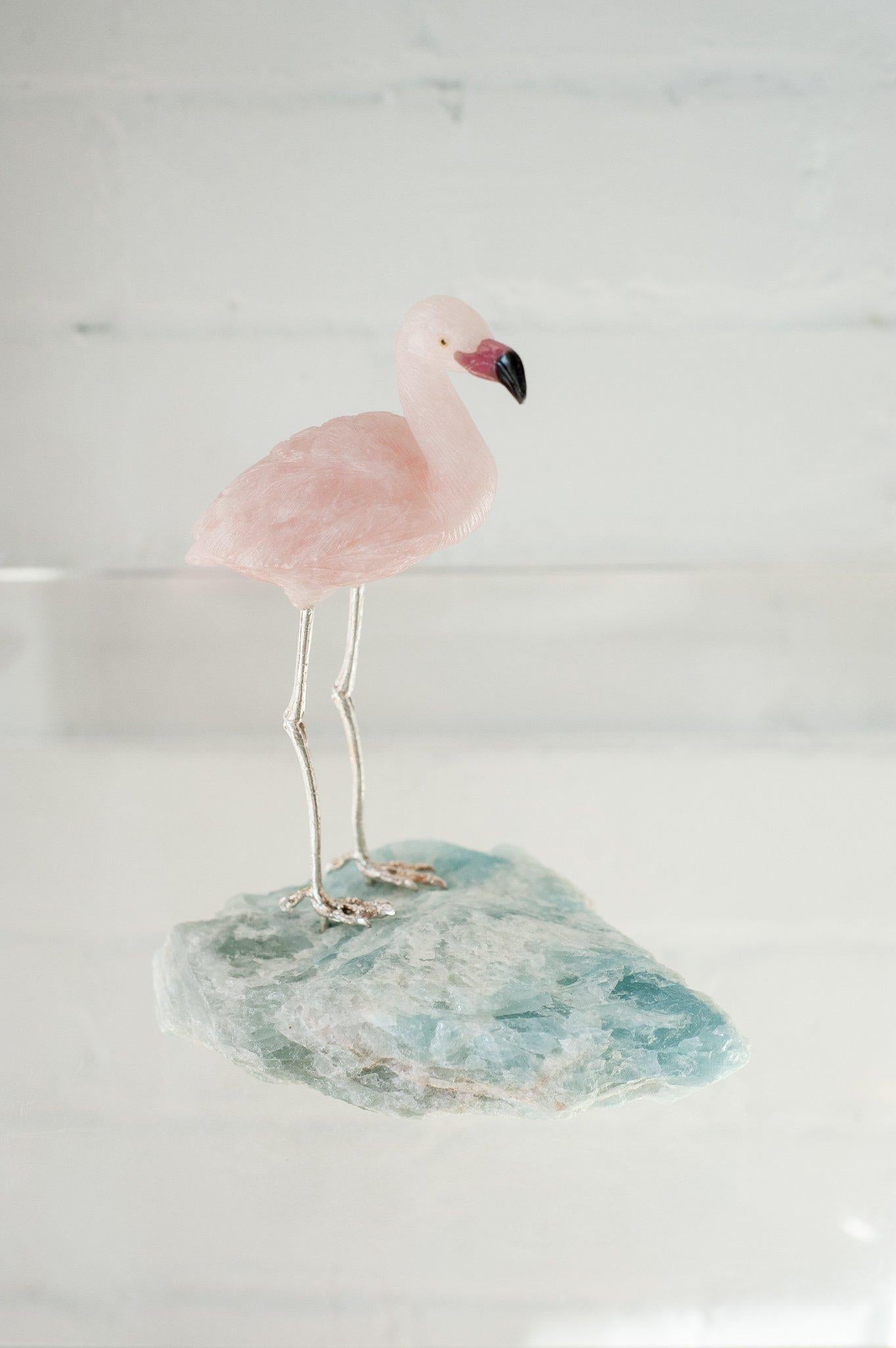 American Rose Quartz Flamingo on an Aquamarine Mineral Specimen Base