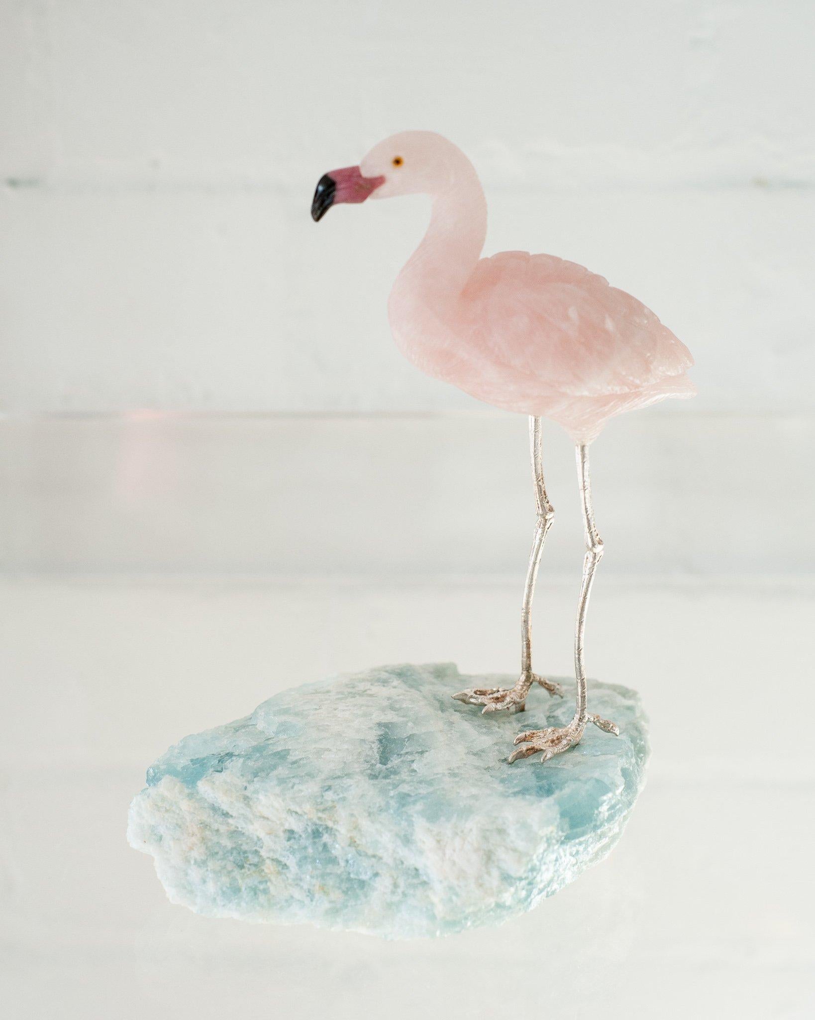 Hand-Carved Rose Quartz Flamingo on an Aquamarine Mineral Specimen Base