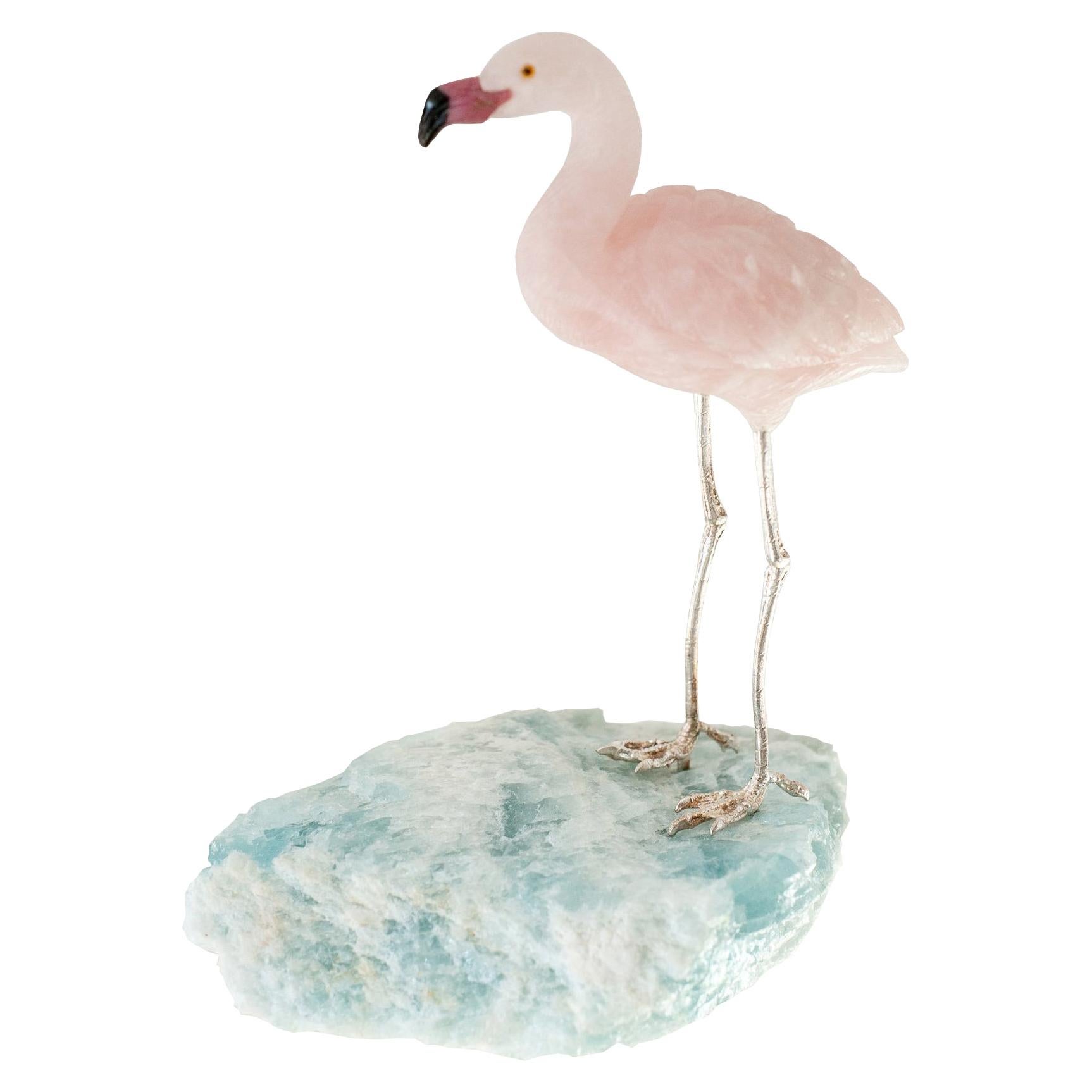 Rose Quartz Flamingo on an Aquamarine Mineral Specimen Base