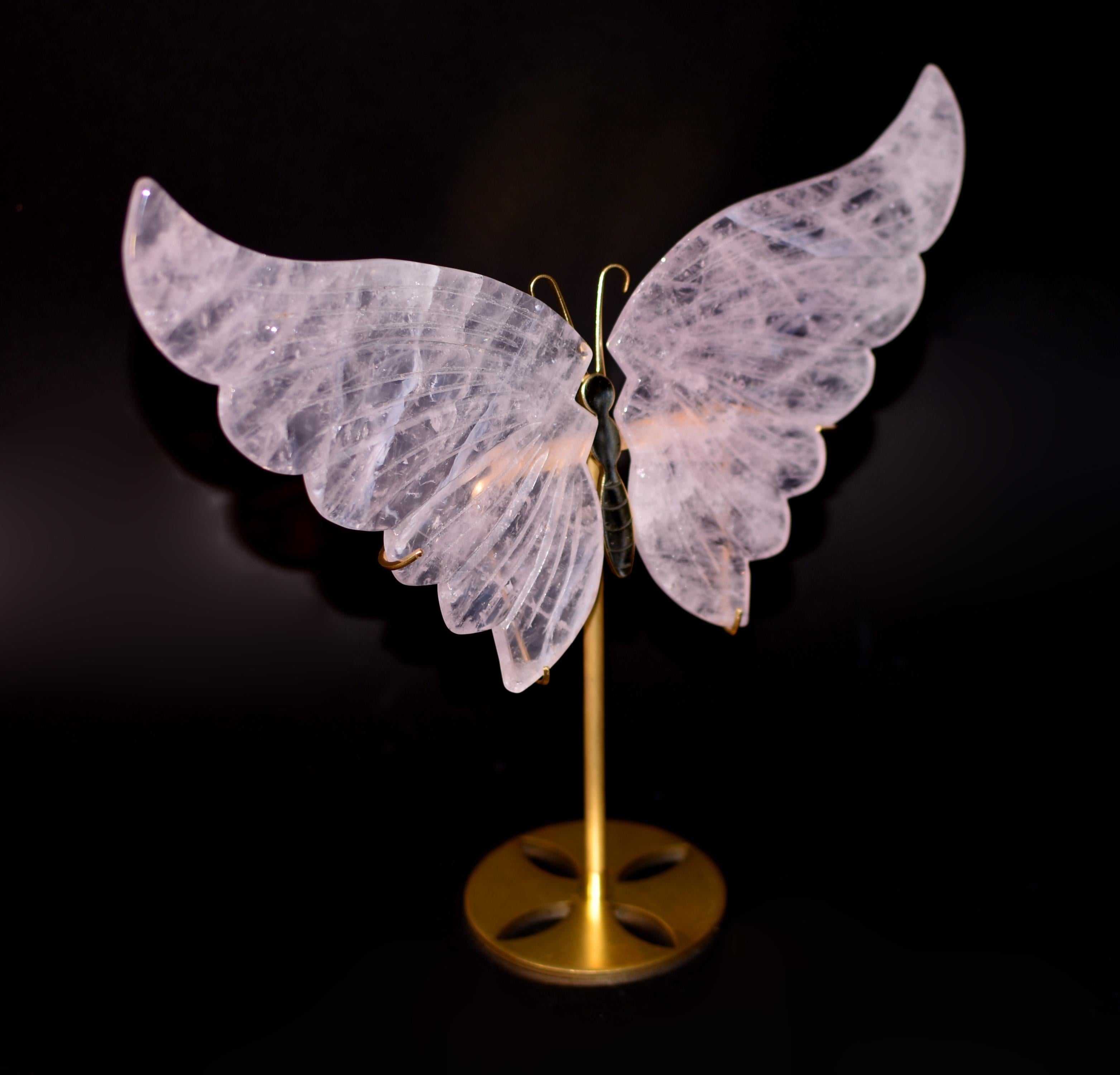 Rose Quartz Gemstone Butterfly Sculpture For Sale 3