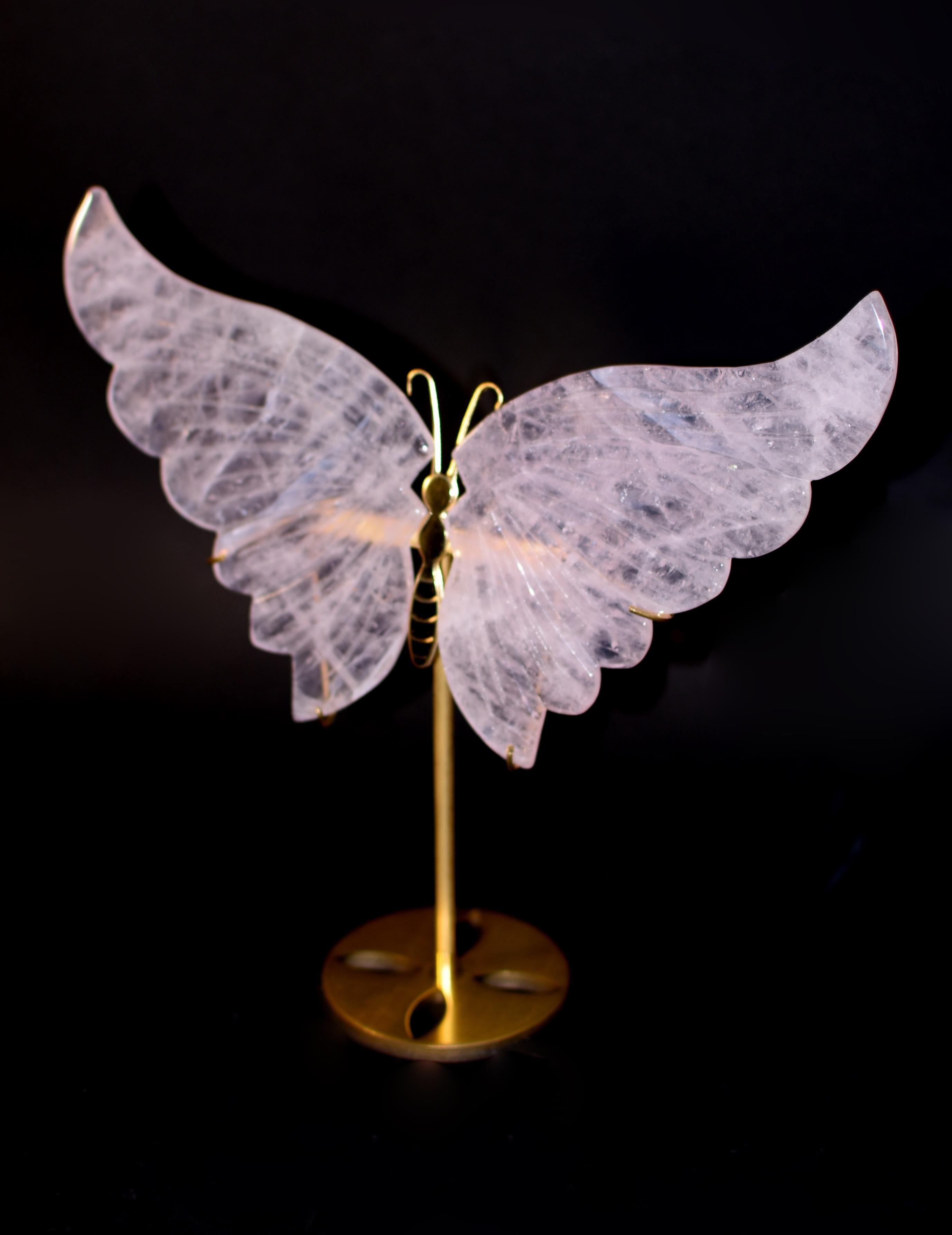 Rose Quartz Gemstone Butterfly Sculpture For Sale 4