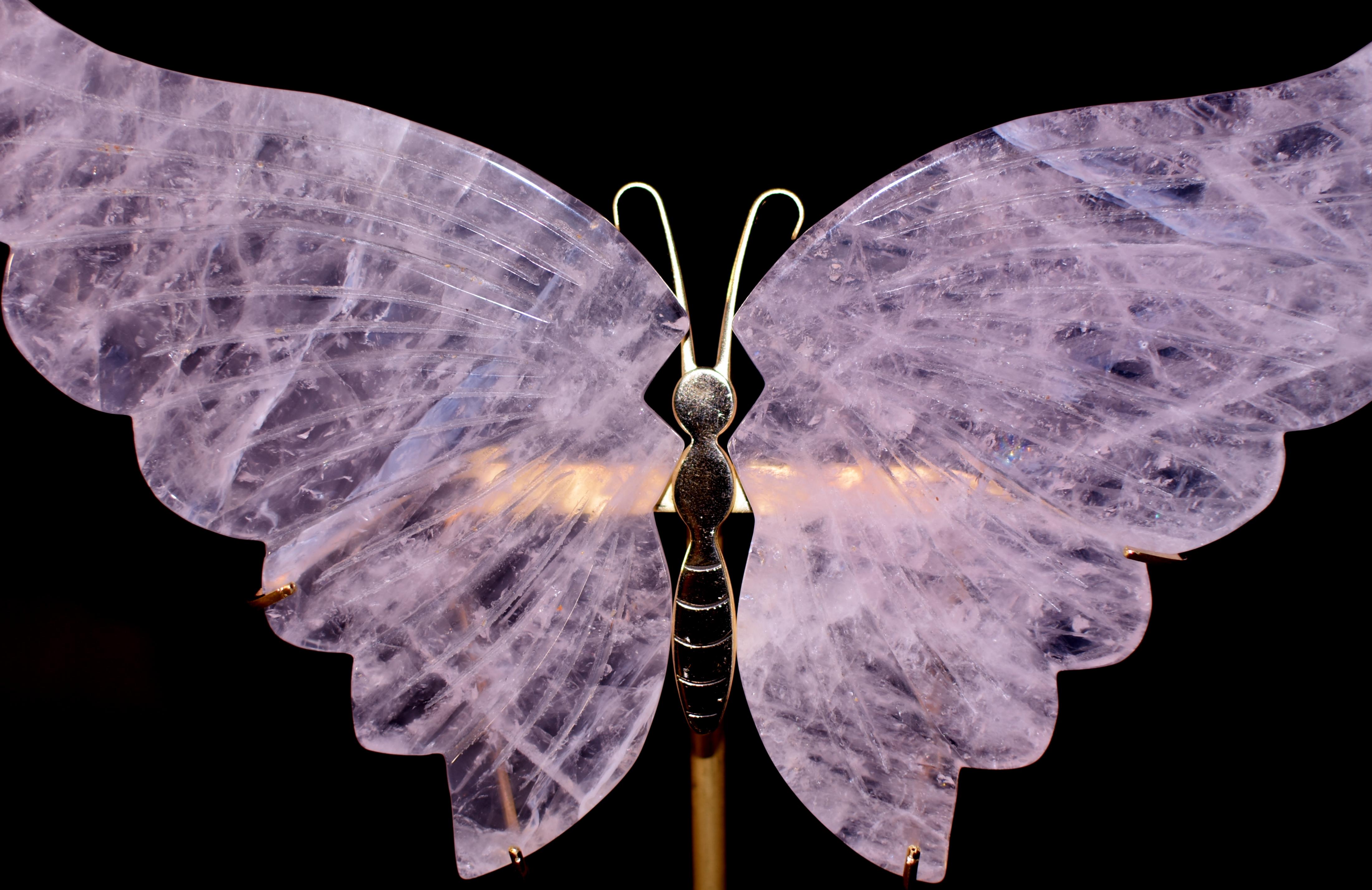 Rose Quartz Gemstone Butterfly Sculpture For Sale 2