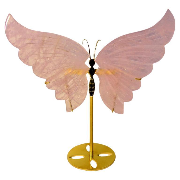 Rose Quartz Gemstone Butterfly Sculpture For Sale