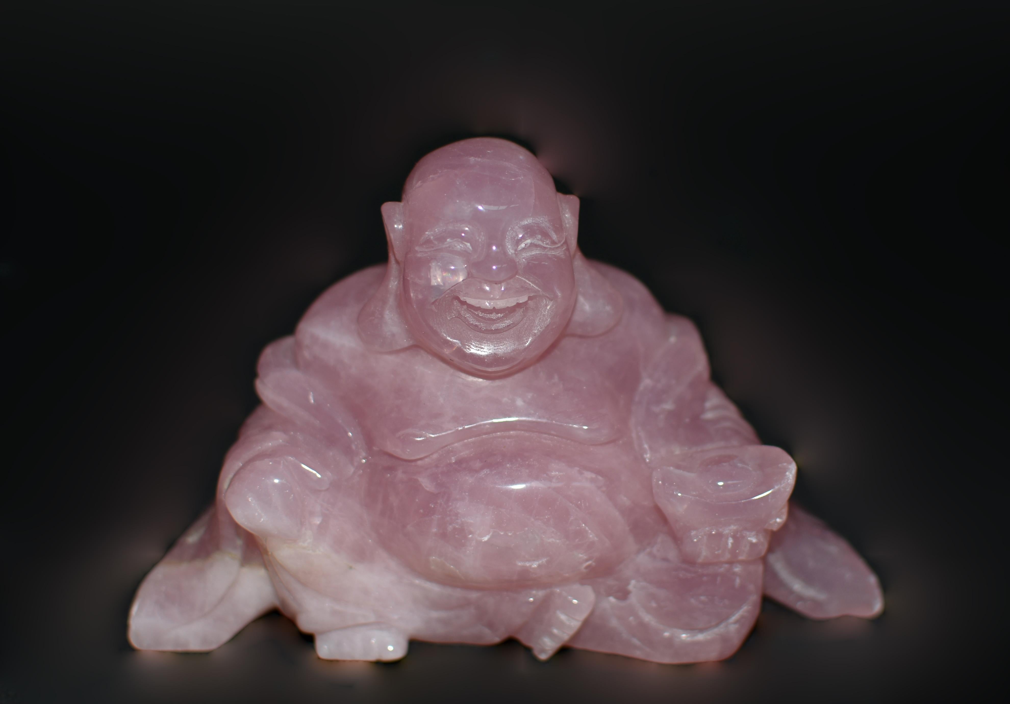Chinese Rose Quartz Gemstone Happy Buddha  For Sale