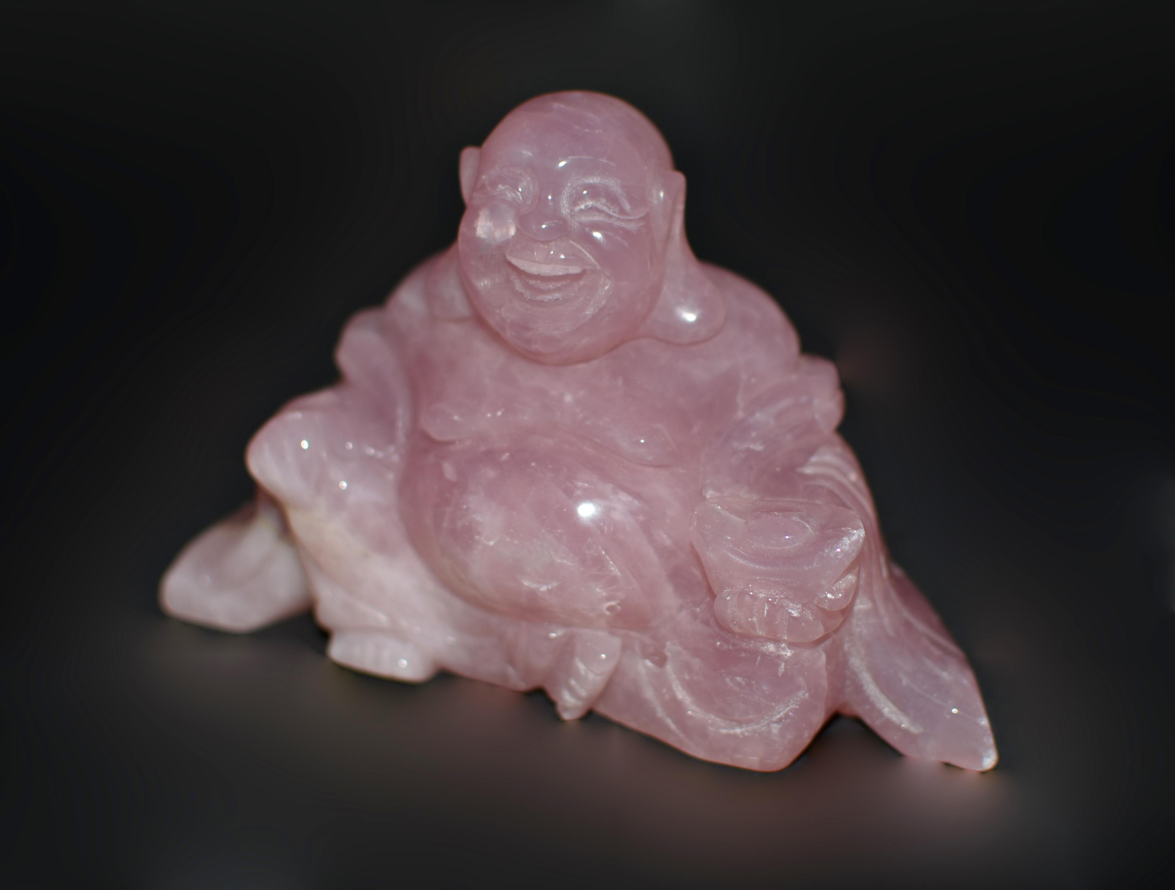 Hand-Carved Rose Quartz Gemstone Happy Buddha  For Sale