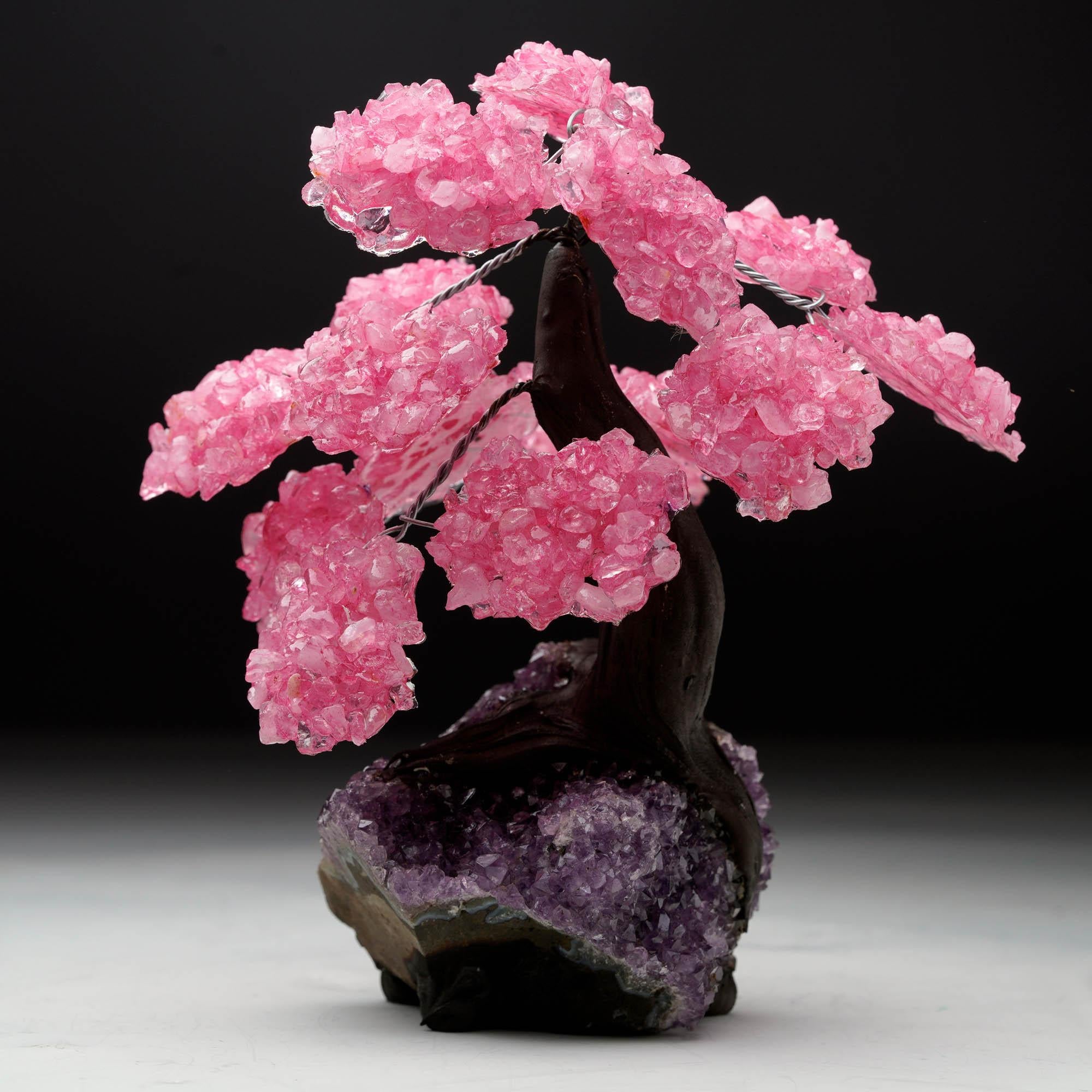 eatures pink Rose Quartz crystal blossoms blooming from a gracefully twisted dark trunk, all elegantly rooted in a natural Amethyst cluster base. The striking contrast between the vibrant pink Rose Quartz crystals and the deep purple hues of the