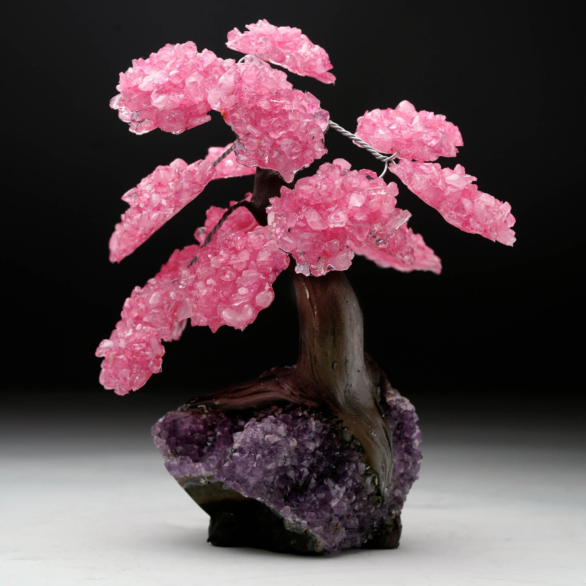 Rose Quartz Gemstone Tree on Amethyst Cluster Base In New Condition For Sale In New York, NY