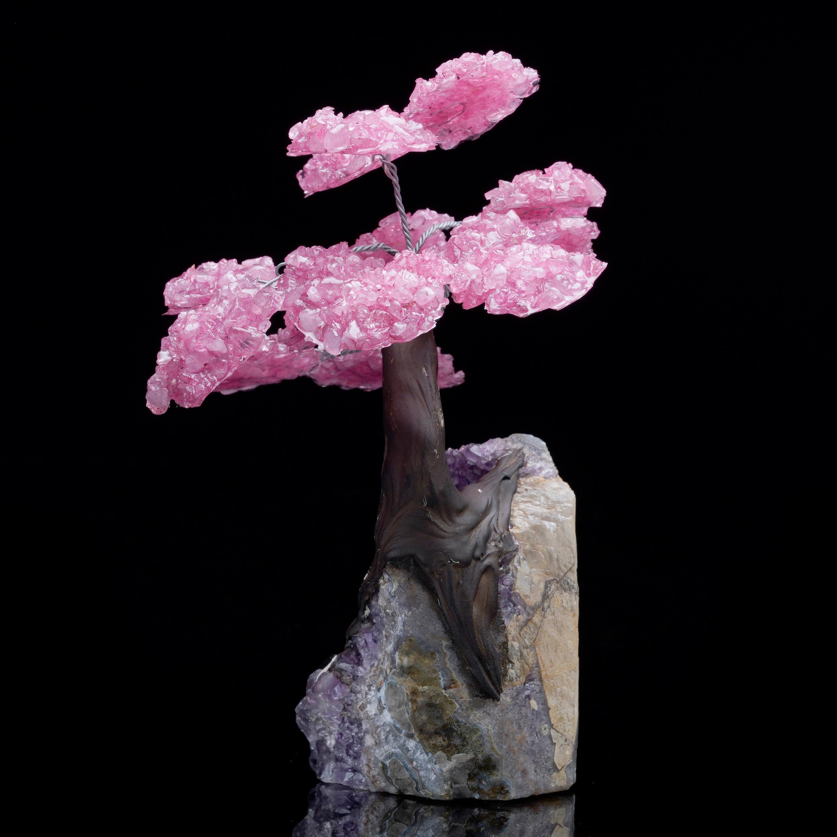 Contemporary Rose Quartz Gemstone Tree on Amethyst Cluster Base For Sale