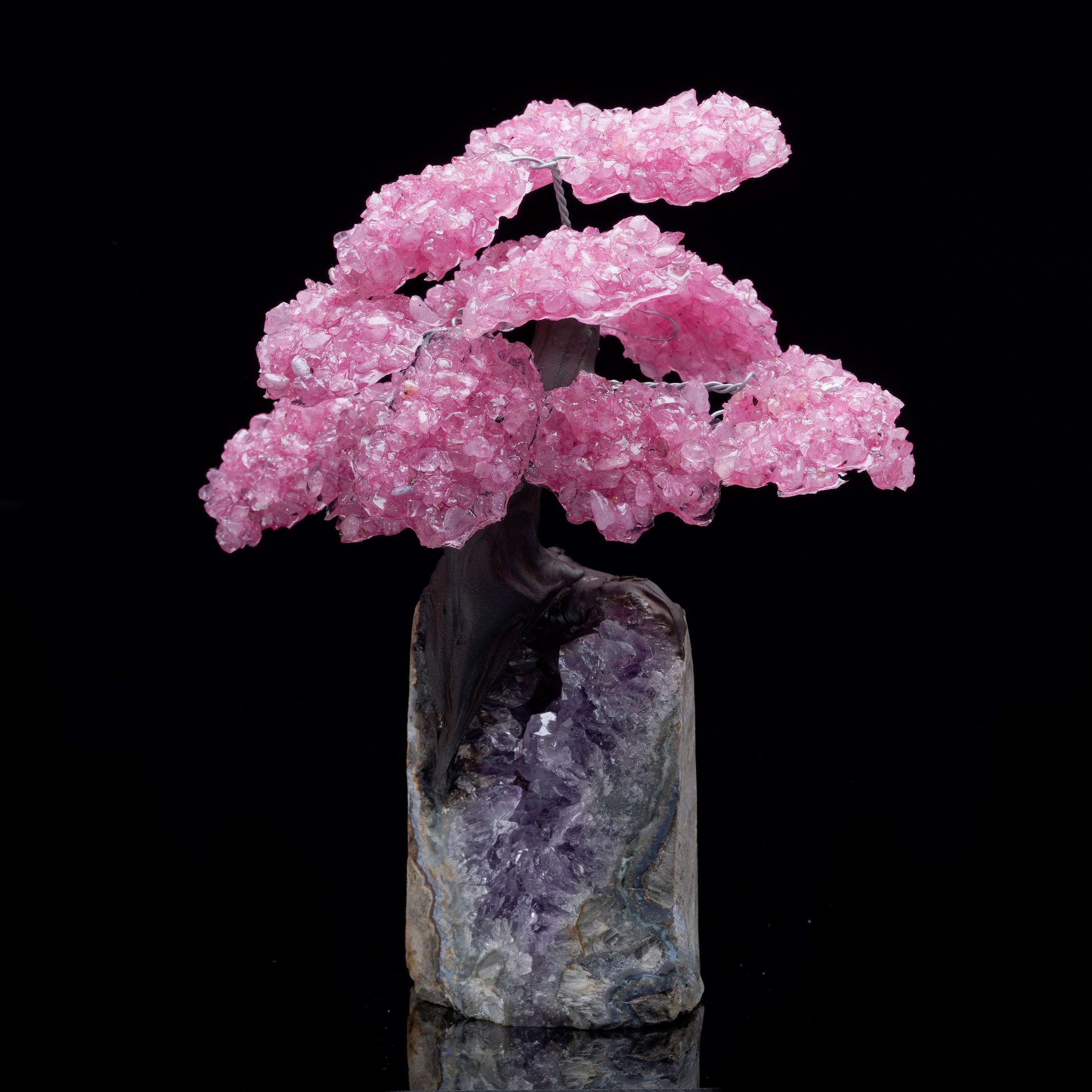 Contemporary Rose Quartz Gemstone Tree on Amethyst Cluster Base For Sale