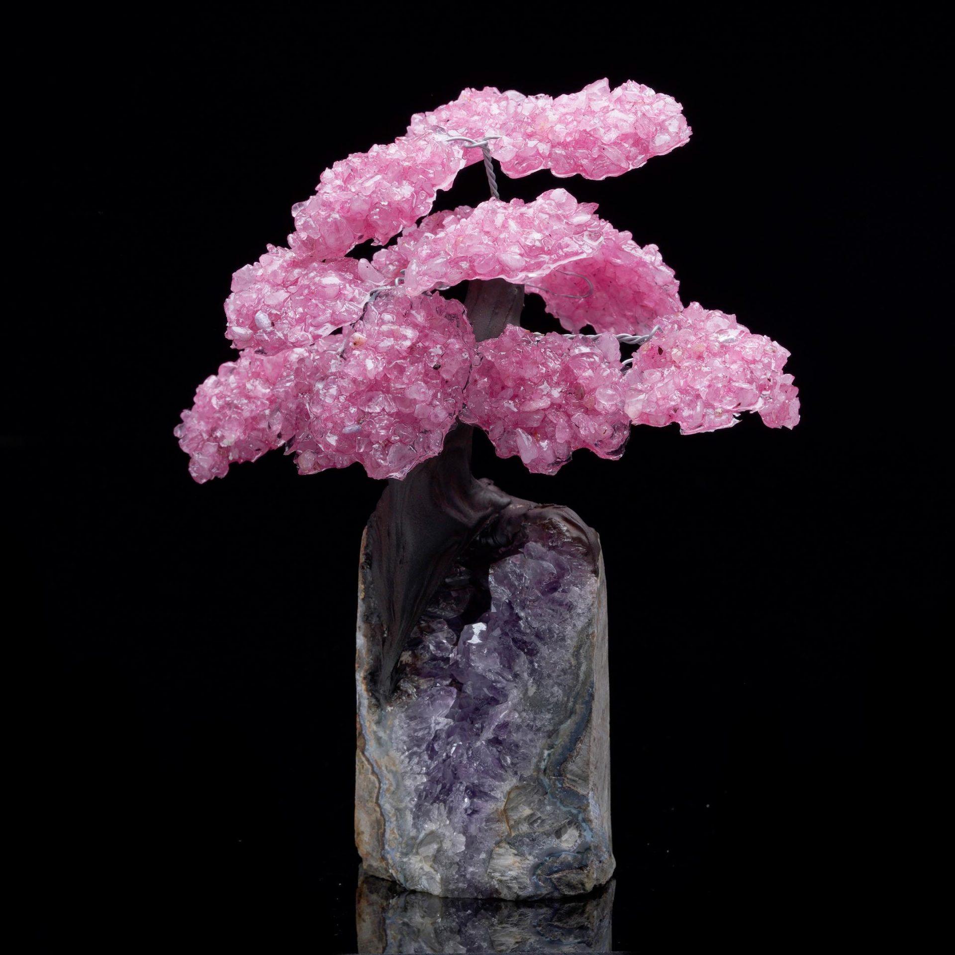 Rose Quartz Gem Tree on Amethyst Cluster Base In New Condition For Sale In New York, NY