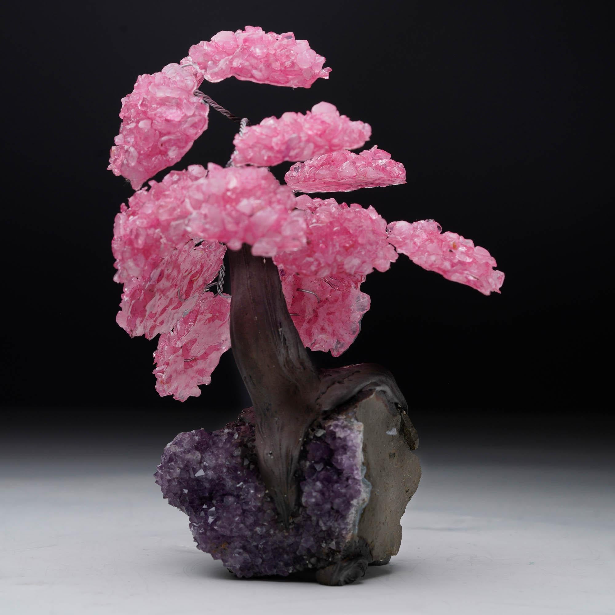 Rose Quartz Gemstone Tree on Amethyst Cluster Base For Sale 1