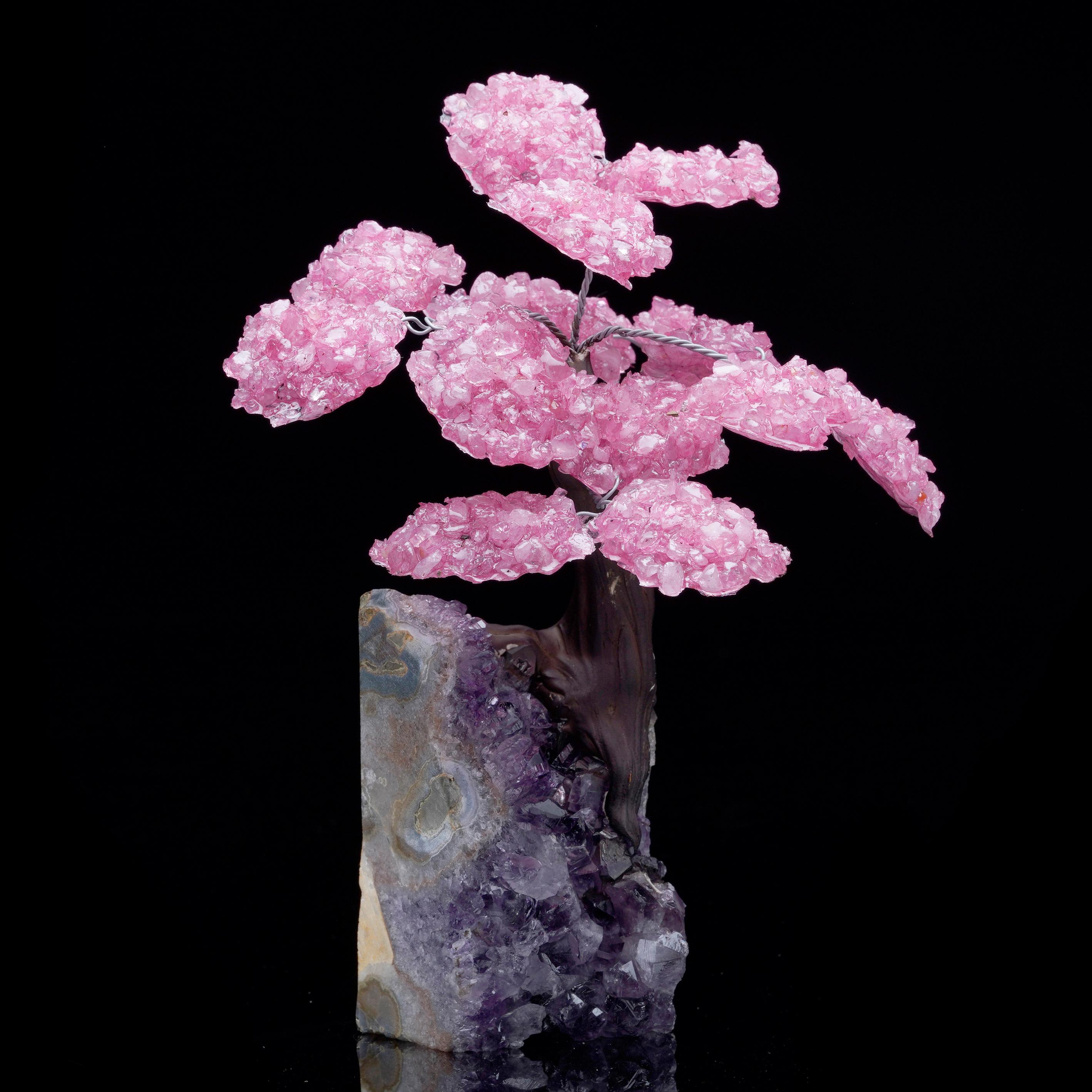 Rose Quartz Gemstone Tree on Amethyst Cluster Base For Sale 1