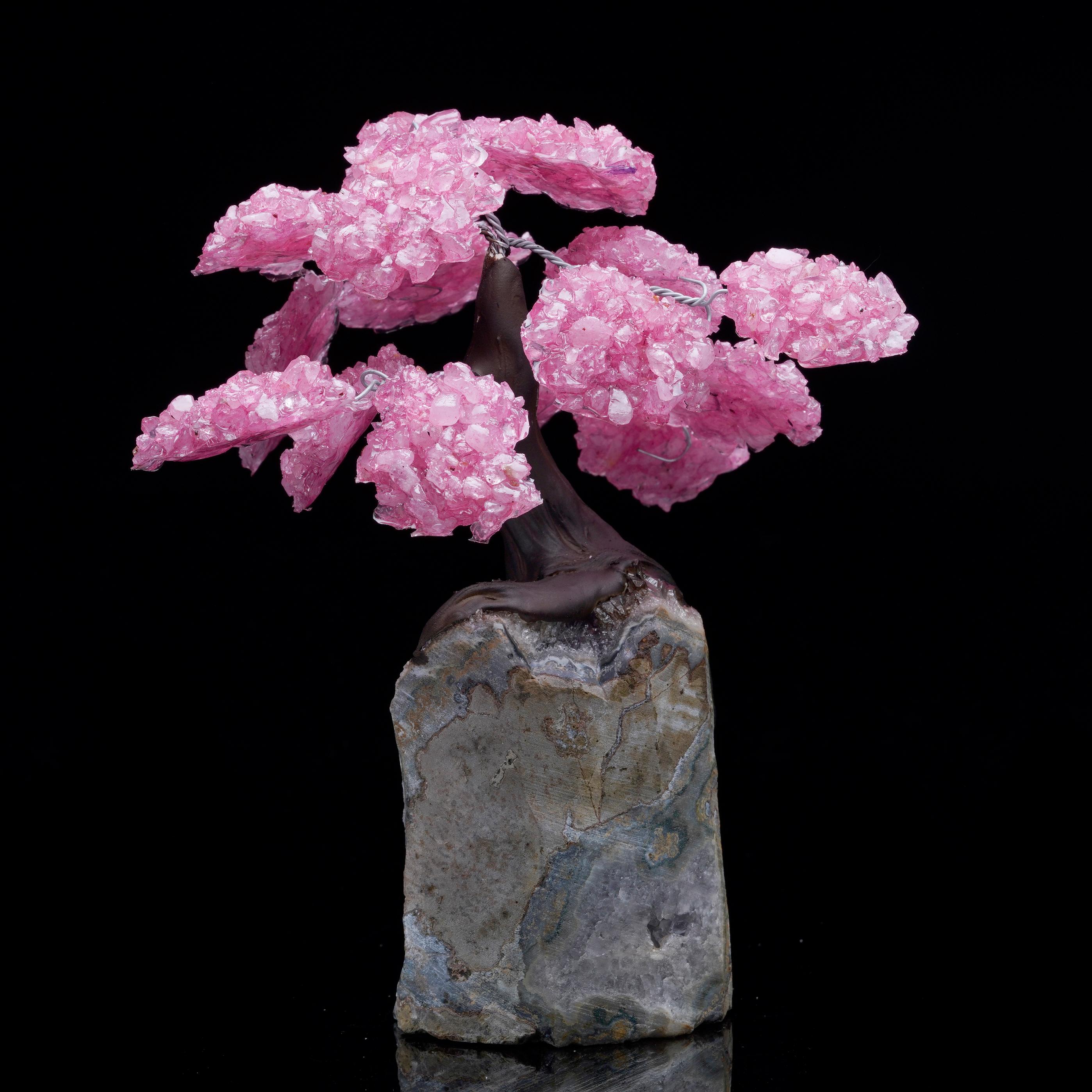 Rose Quartz Gemstone Tree on Amethyst Cluster Base For Sale 1