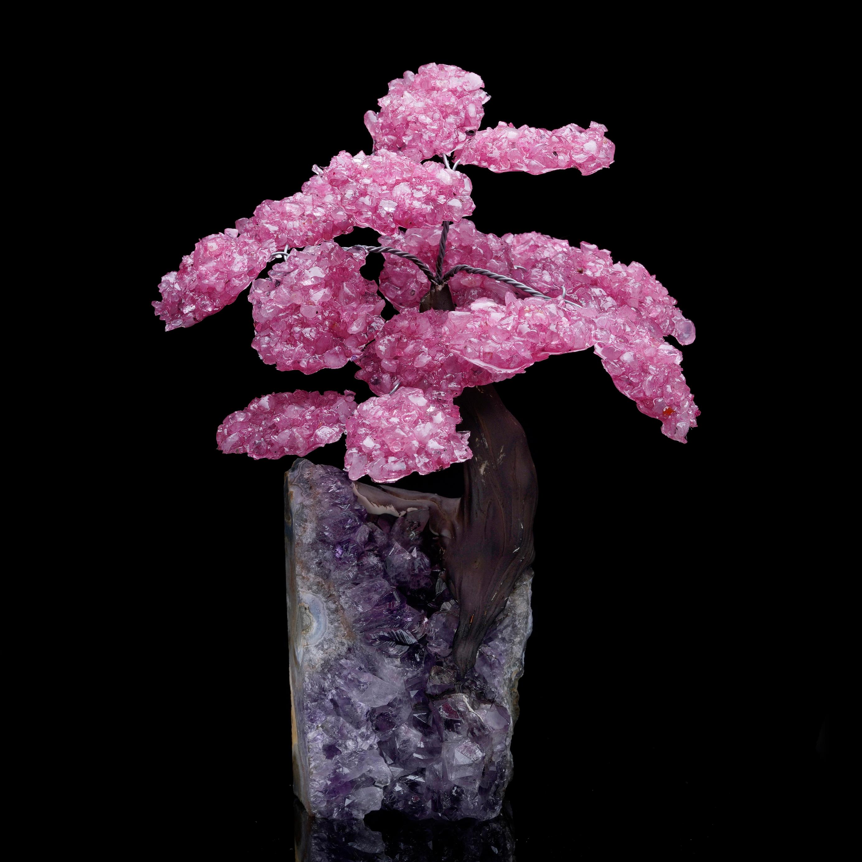 Rose Quartz Gemstone Tree on Amethyst Cluster Base For Sale 2