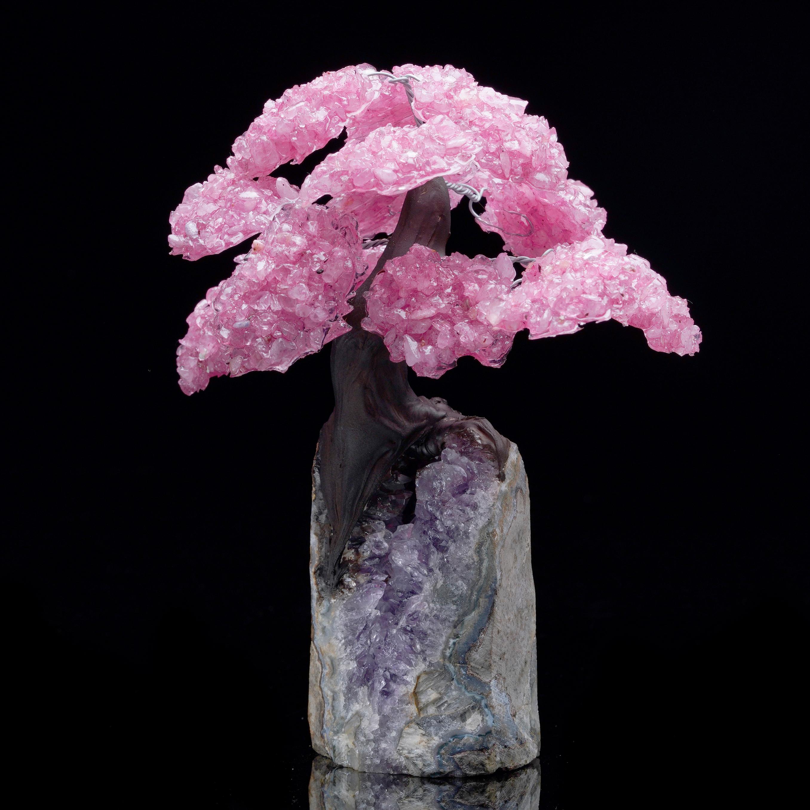 Rose Quartz Gemstone Tree on Amethyst Cluster Base For Sale 2