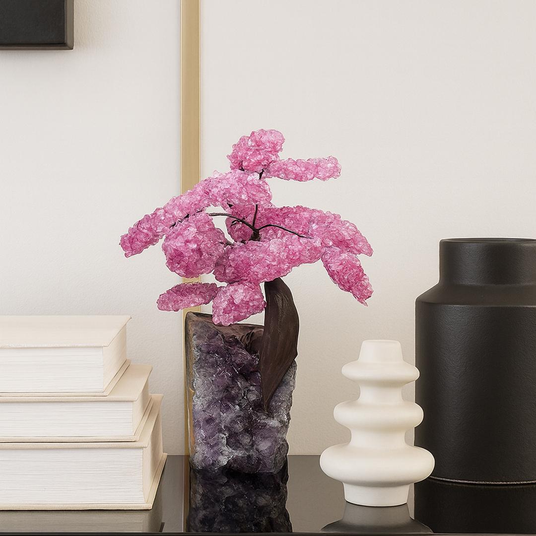 Rose Quartz Gemstone Tree on Amethyst Cluster Base For Sale 3