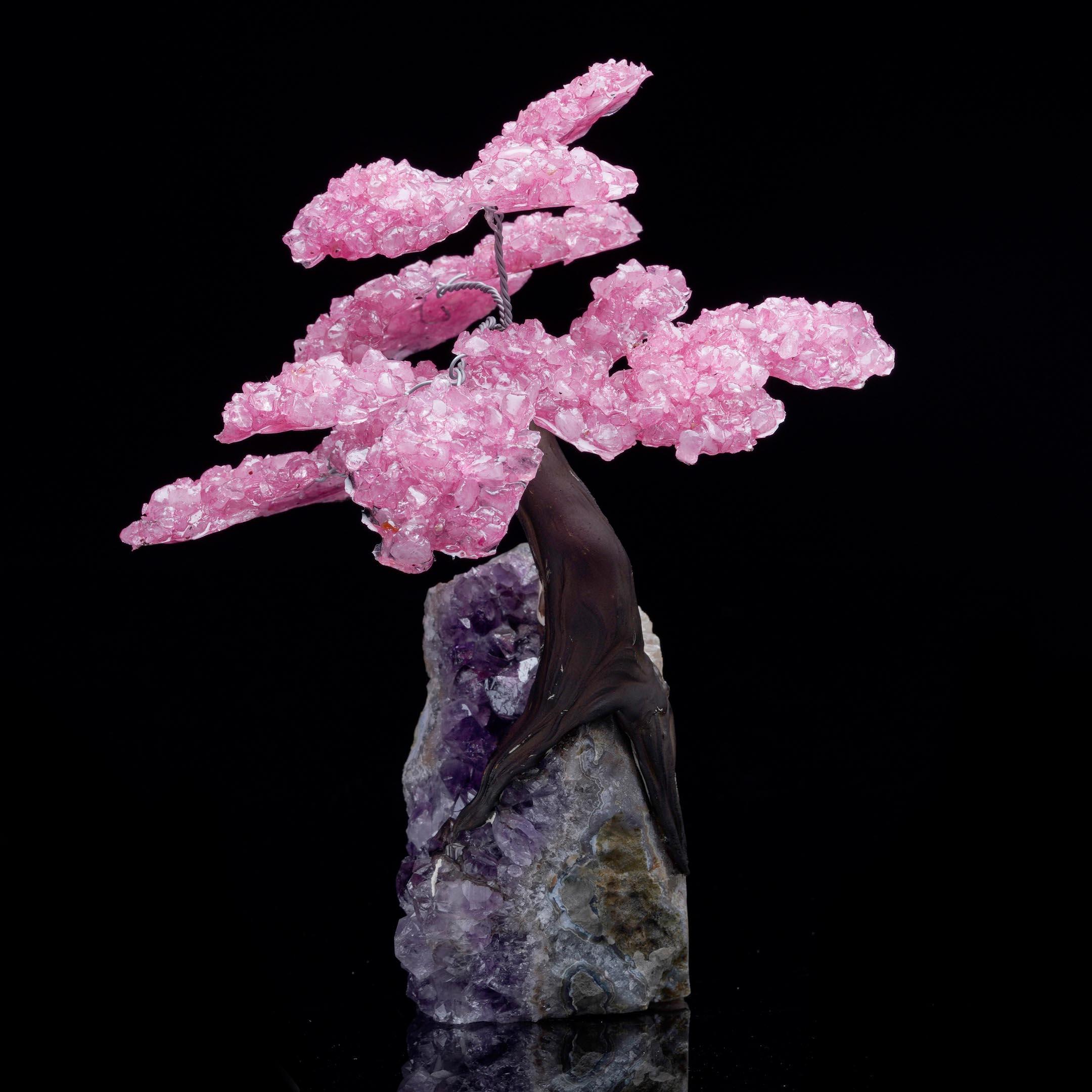 Metal Rose Quartz Gem Tree on Amethyst Cluster Base For Sale