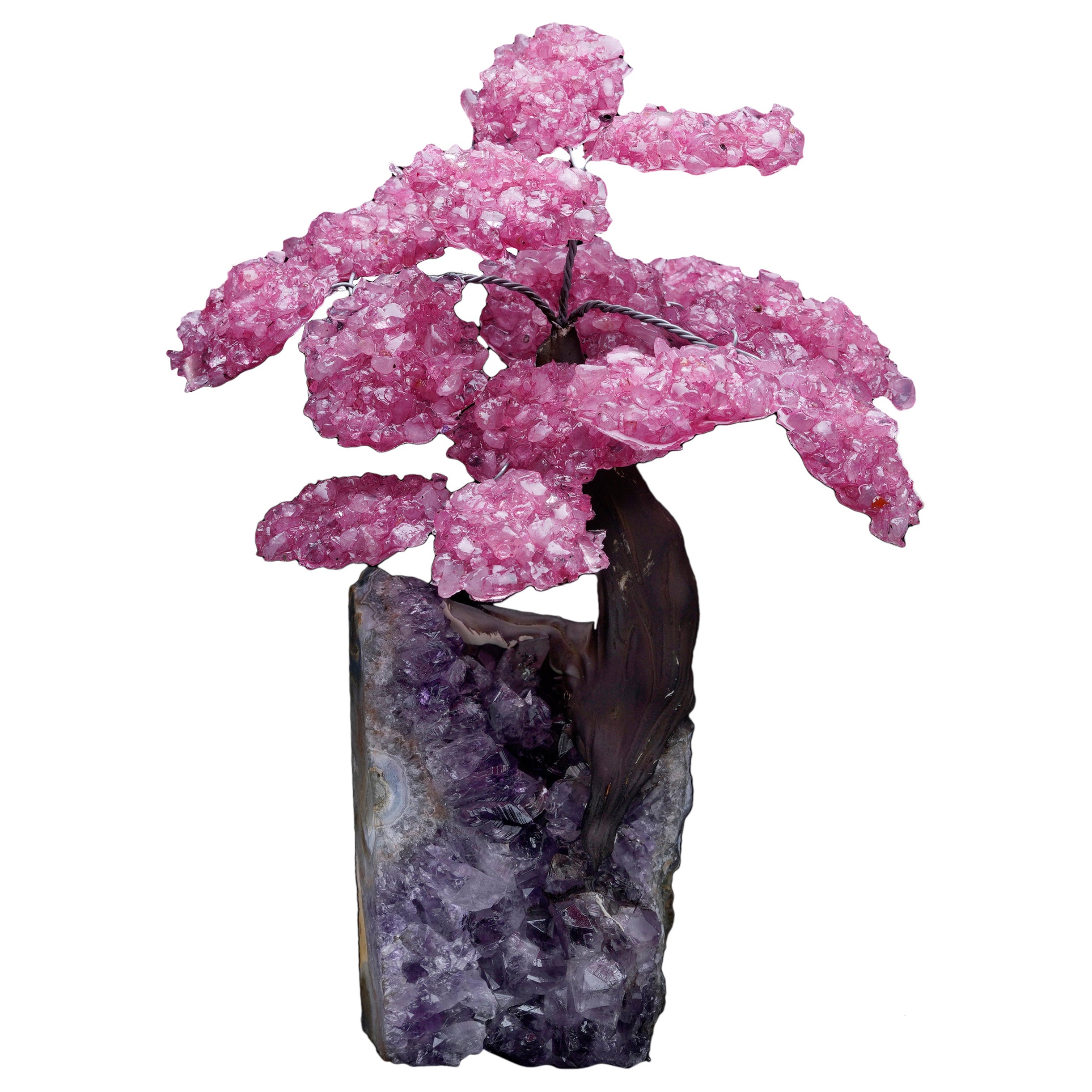 Árbol de Piedras Preciosas de Cuarzo Rosa sobre Base de Racimo de Amatista