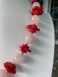 Rose Quartz Glass Vintage Red Ceramic Discs Necklace