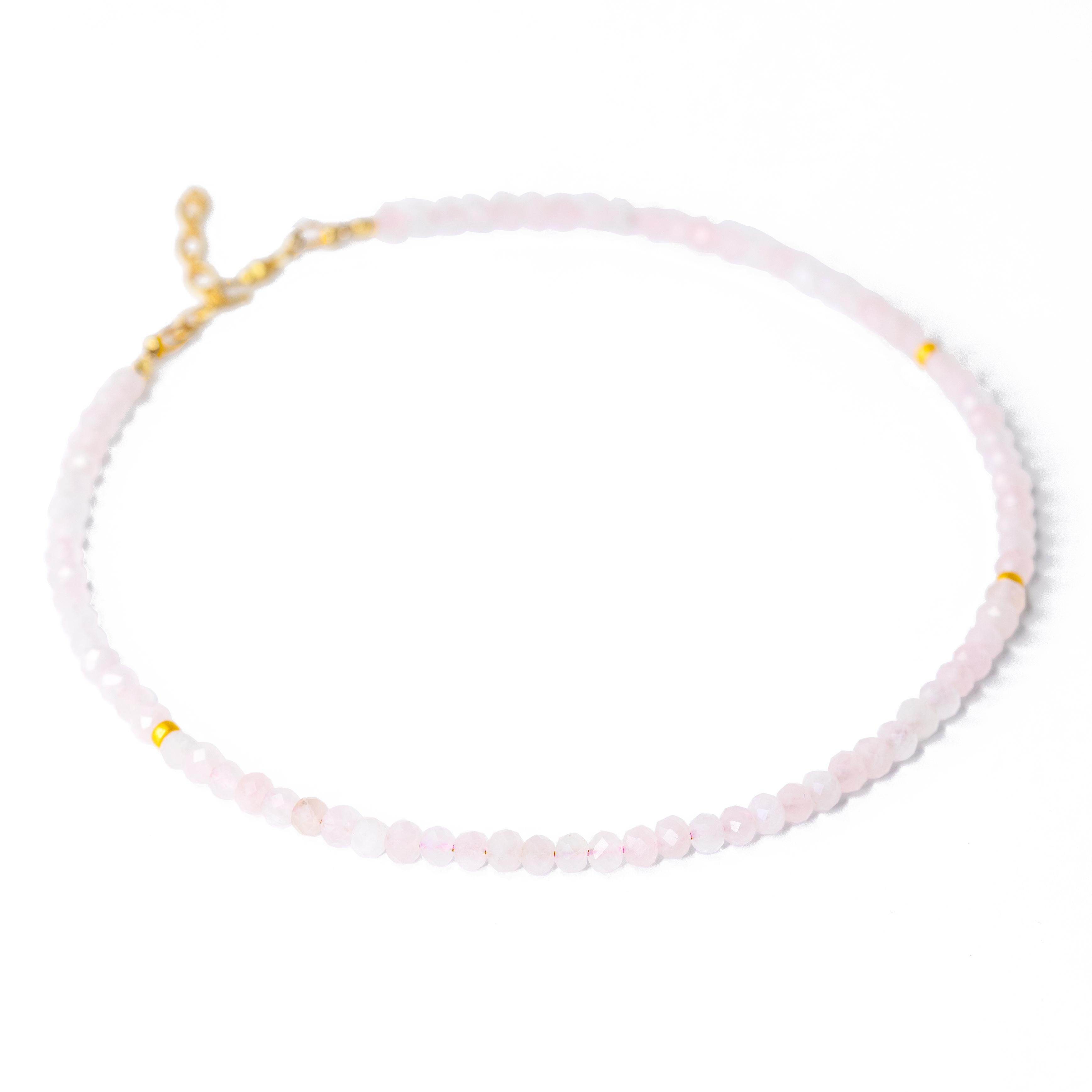 Rose Quartz Gold Beaded Choker Necklace  In New Condition For Sale In Westport, CT