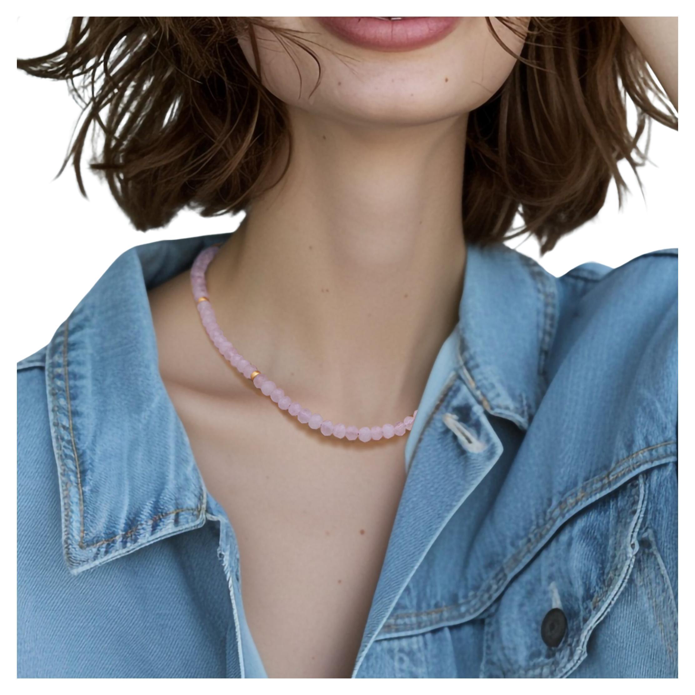 Rose Quartz Gold Beaded Choker Necklace 