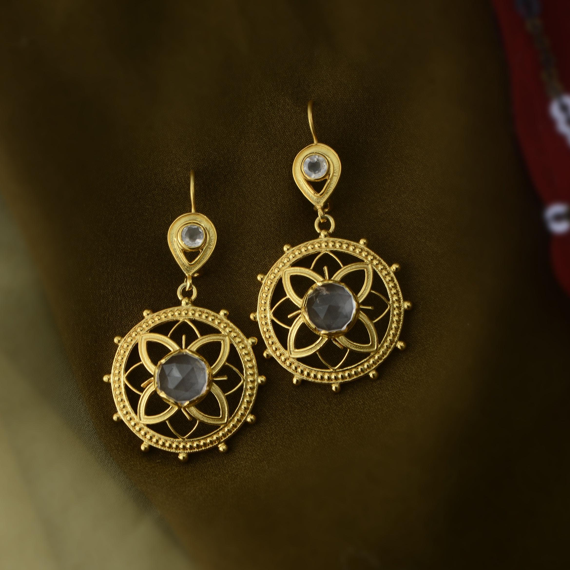 Artisan Rose Quartz Gold Plate Dangle Earrings For Sale