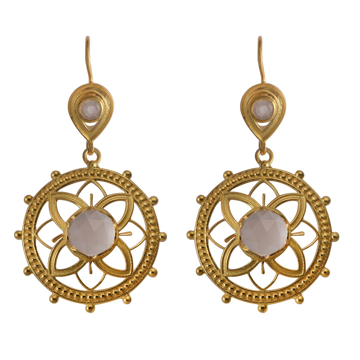Rose Cut Rose Quartz Gold Plate Dangle Earrings For Sale