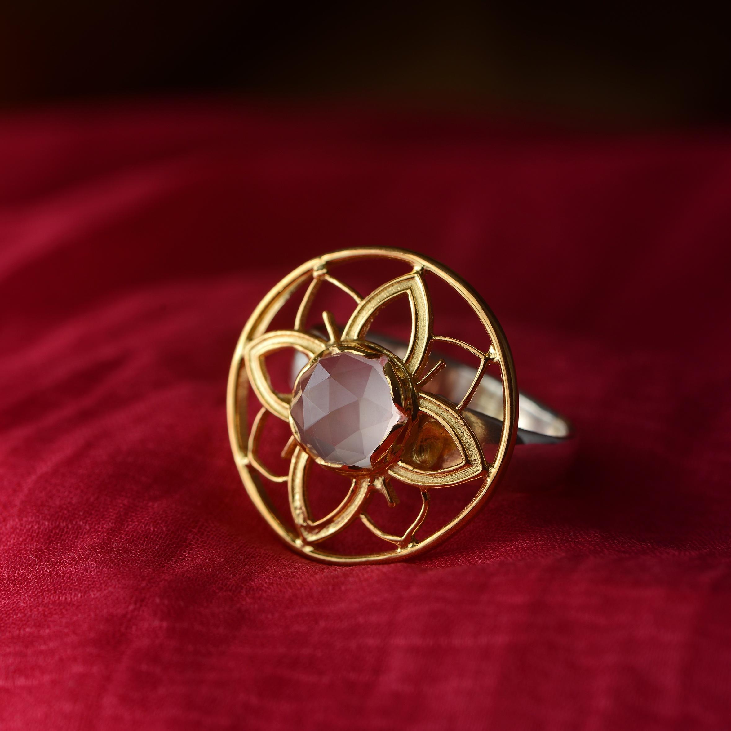 Artisan Rose Quartz Gold Plate Statement Ring For Sale