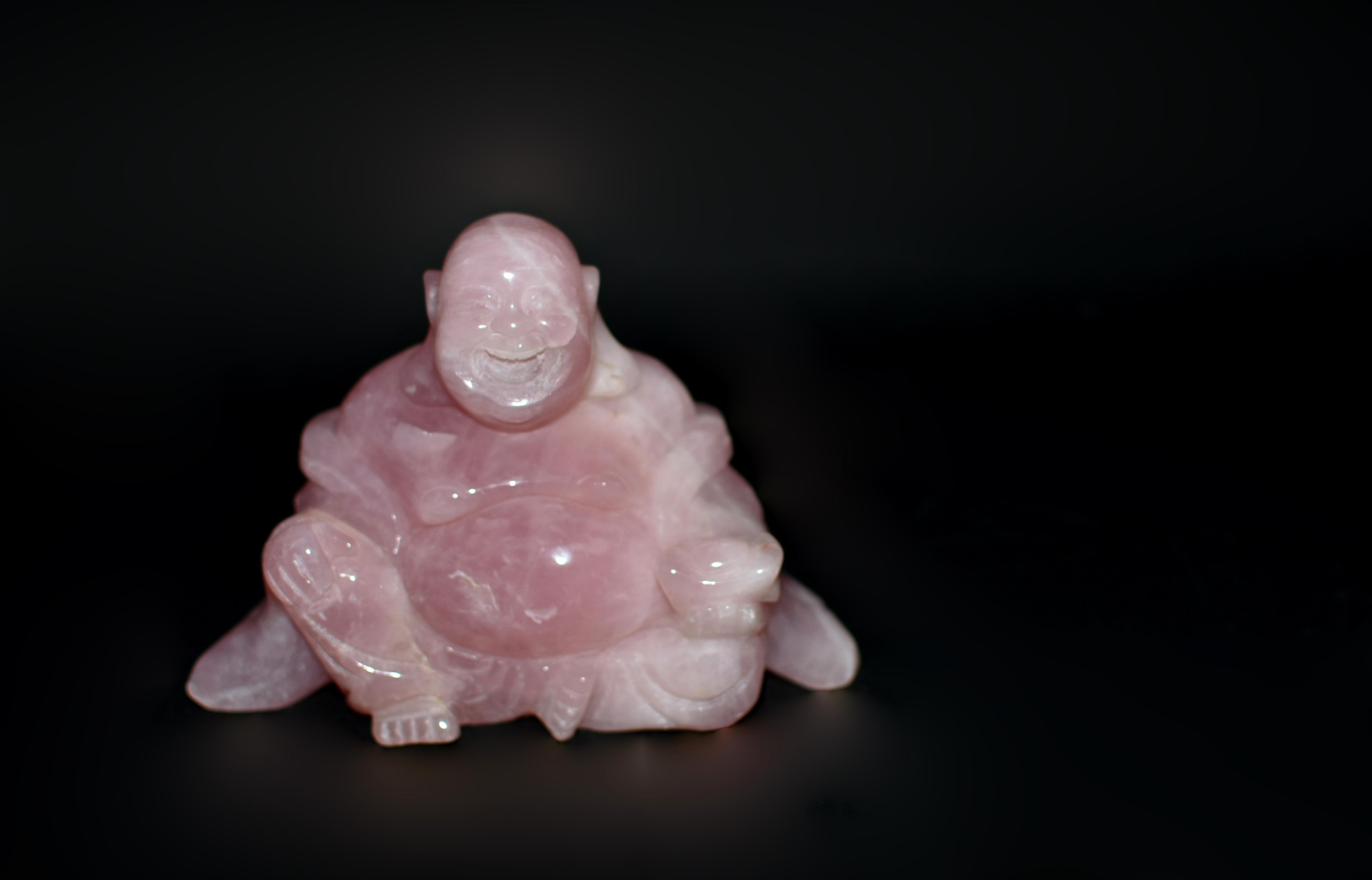 Chinese Rose Quartz Happy Buddha  For Sale