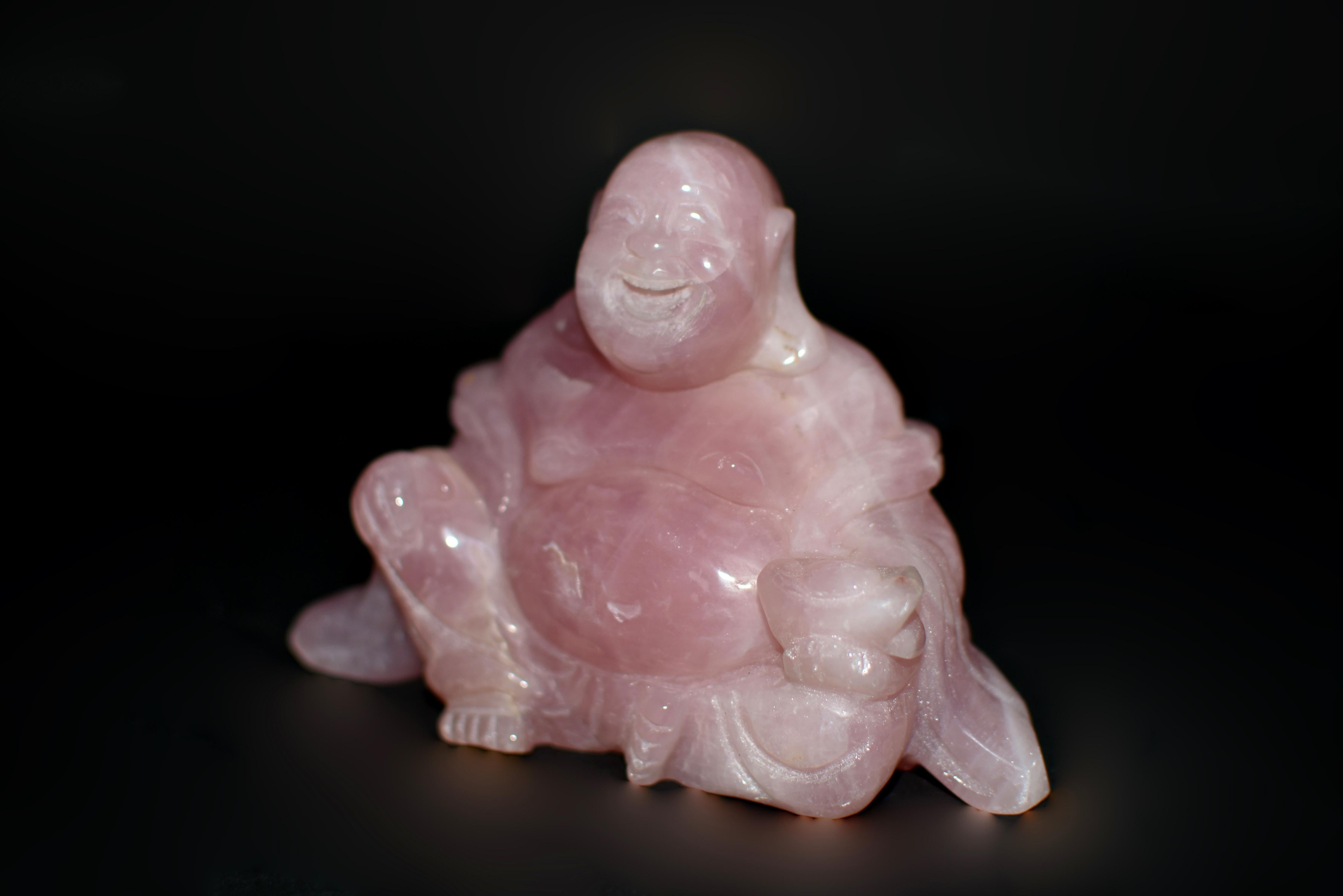 Hand-Carved Rose Quartz Happy Buddha  For Sale