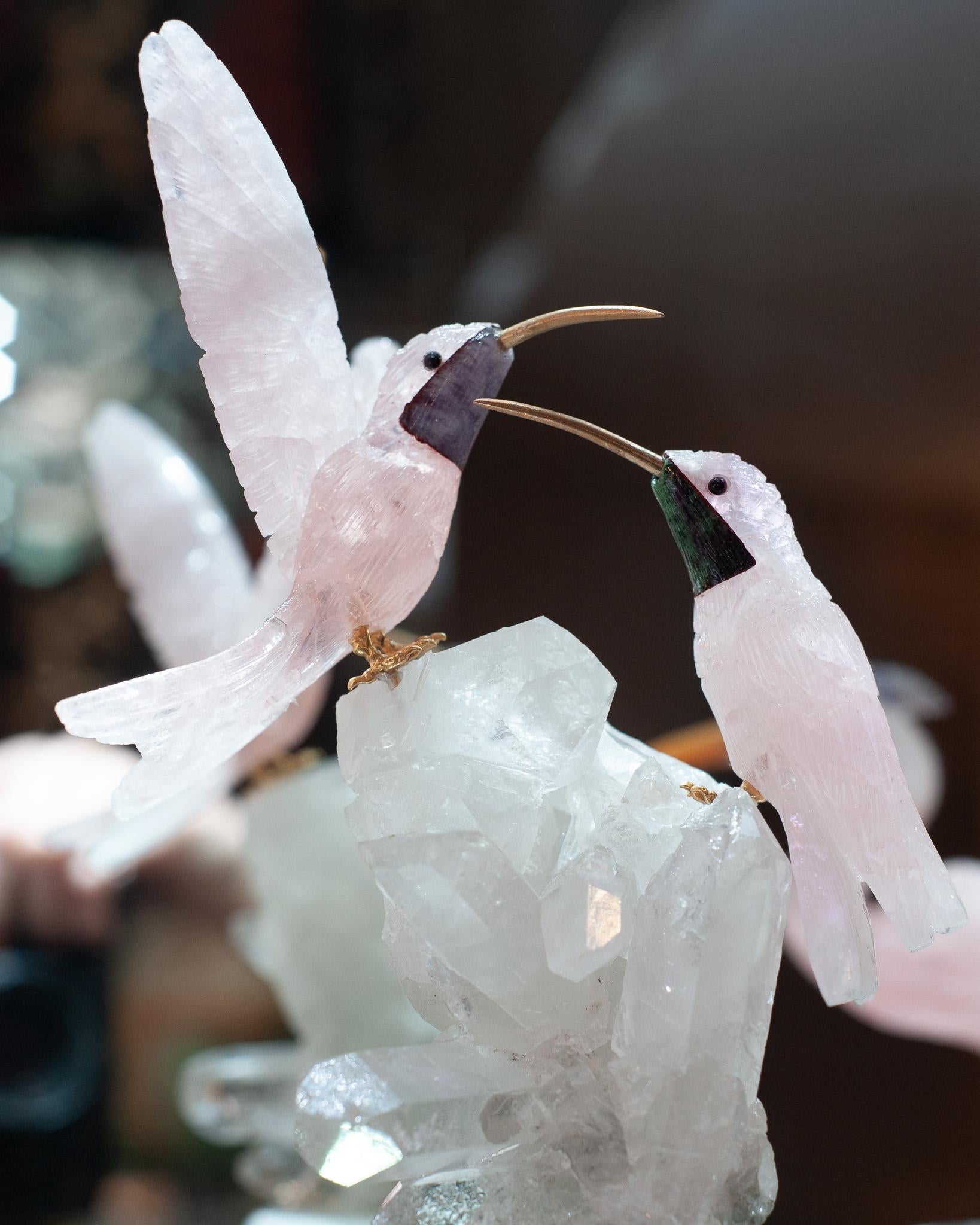 Brazilian Rose Quartz Hummingbird Pair Sculpture on Rock Crystal and Marble Mineral Base For Sale