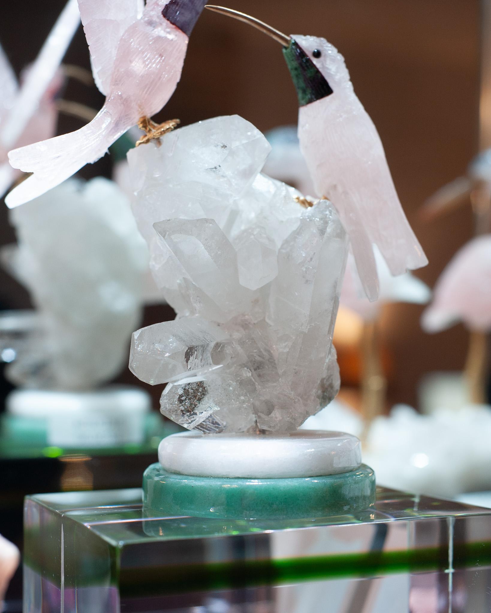 Hand-Carved Rose Quartz Hummingbird Pair Sculpture on Rock Crystal and Marble Mineral Base For Sale
