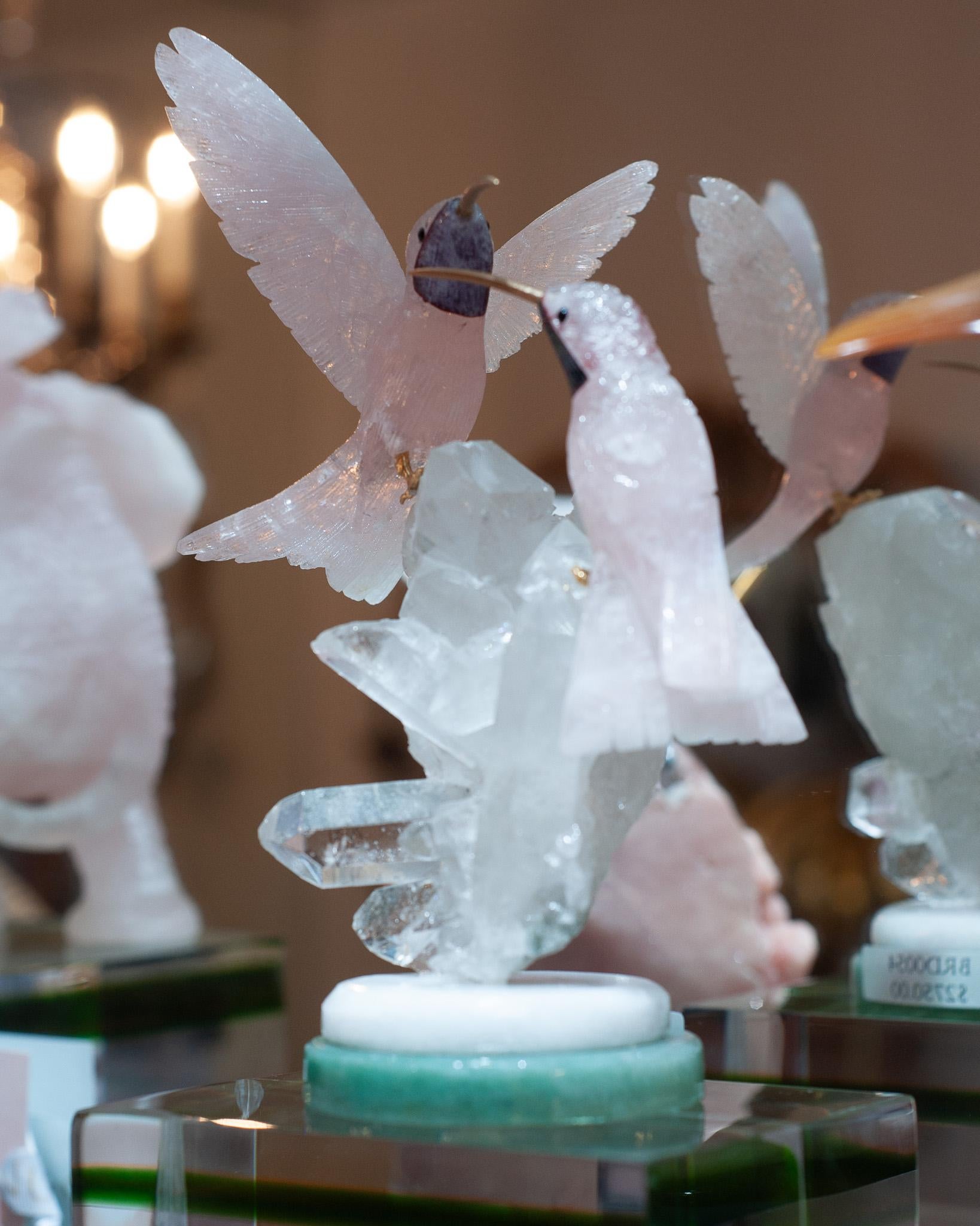 Rose Quartz Hummingbird Pair Sculpture on Rock Crystal and Marble Mineral Base In New Condition For Sale In Toronto, ON