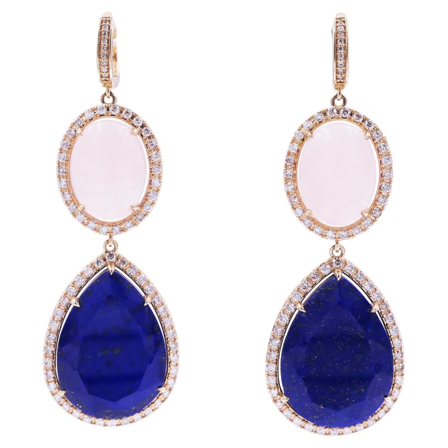 Rose Quartz Lapis Lazuli Diamond Halo Yellow Gold Drop 14K Yellow Gold Earrings
14 Karat Yellow Gold
2.00 CT Diamonds
Rose Quartz & Lapis Lazuli Cabochon Gemstones

Important Information:
Please note that this item will take 2-4 weeks to deliver -