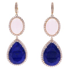 Rosenquarz Lapislazuli Diamant Halo Gelbgold Tropfen Ohrringe 14K Gelbgold