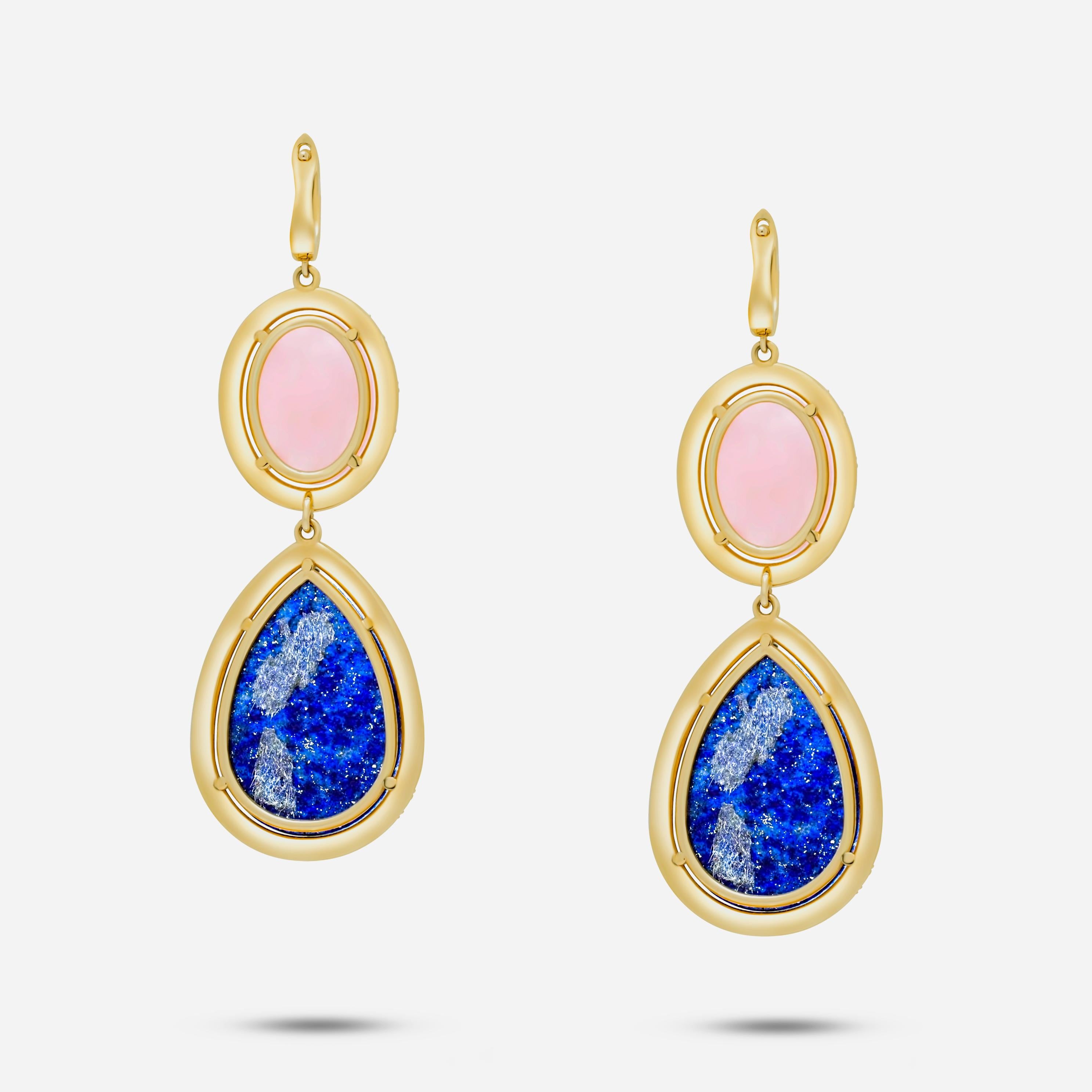 Art déco Boucles d'oreilles en or jaune 14 carats avec quartz rose, lapis-lazuli et halo de diamants en vente